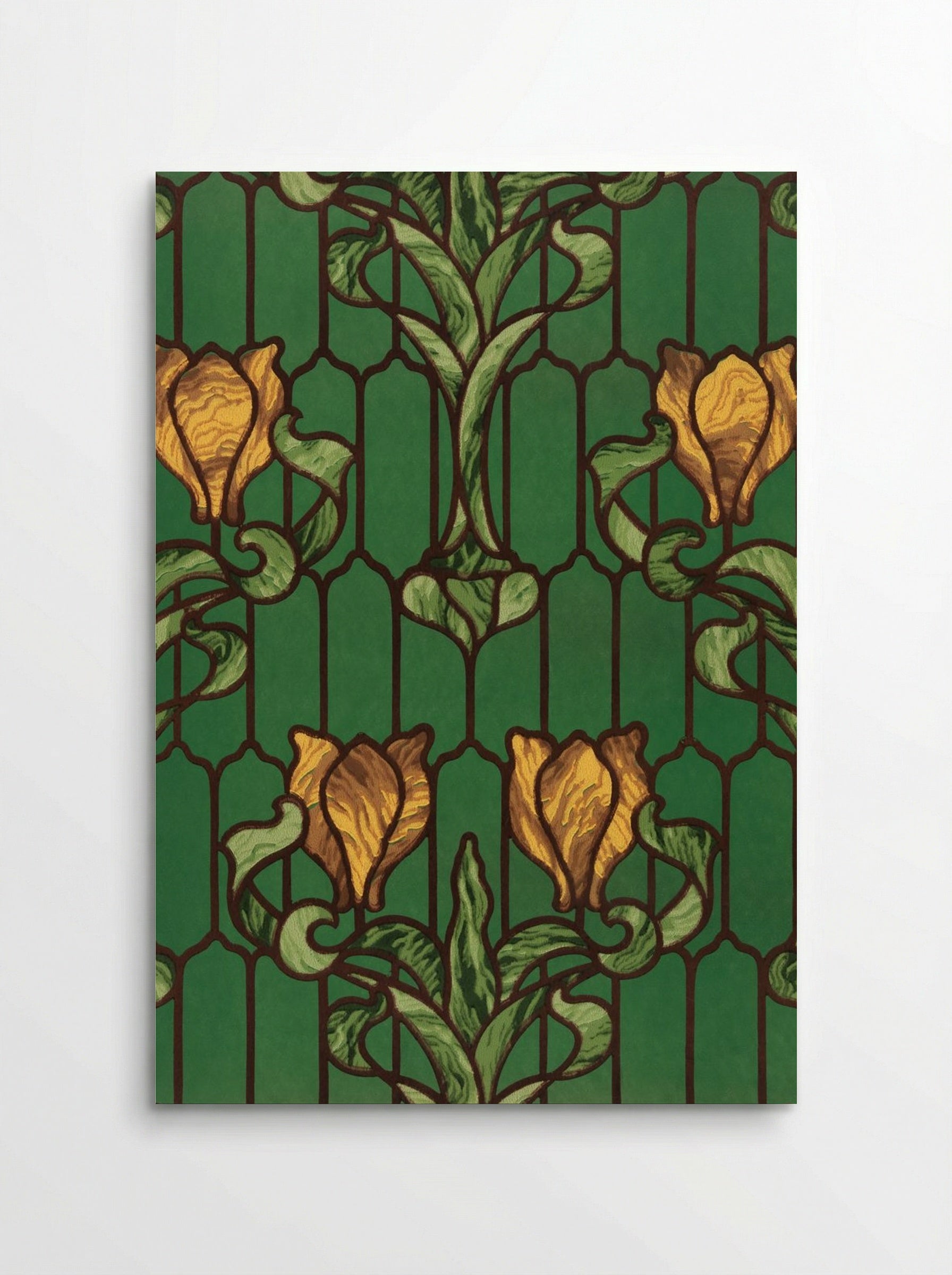 Flower Patterned Stained Glass (Yellow Tulip with Green Foliage) - Fine Art Print - Poster