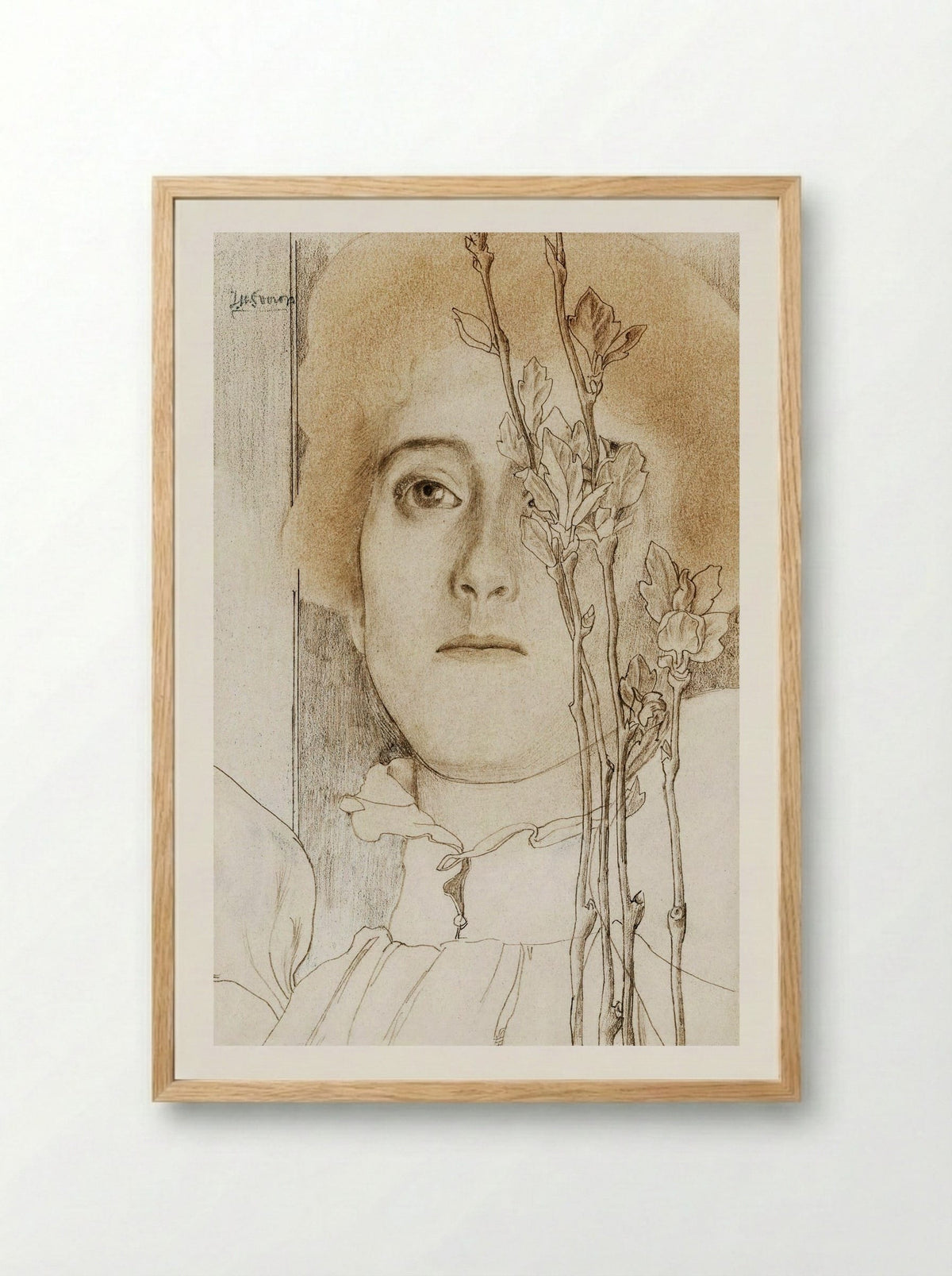 Portrait of an Unknown Woman with Flowering Branch - Jan Toorop - Framed Print Wood