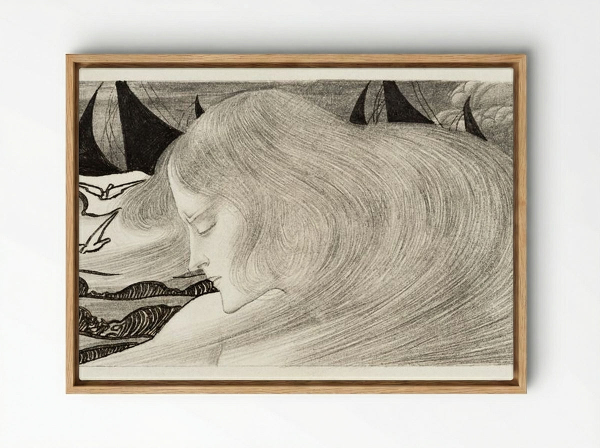 Young Woman with Wavy Hair in Front of a Sea with Ships - Jan Toorop - Framed Canvas Wood