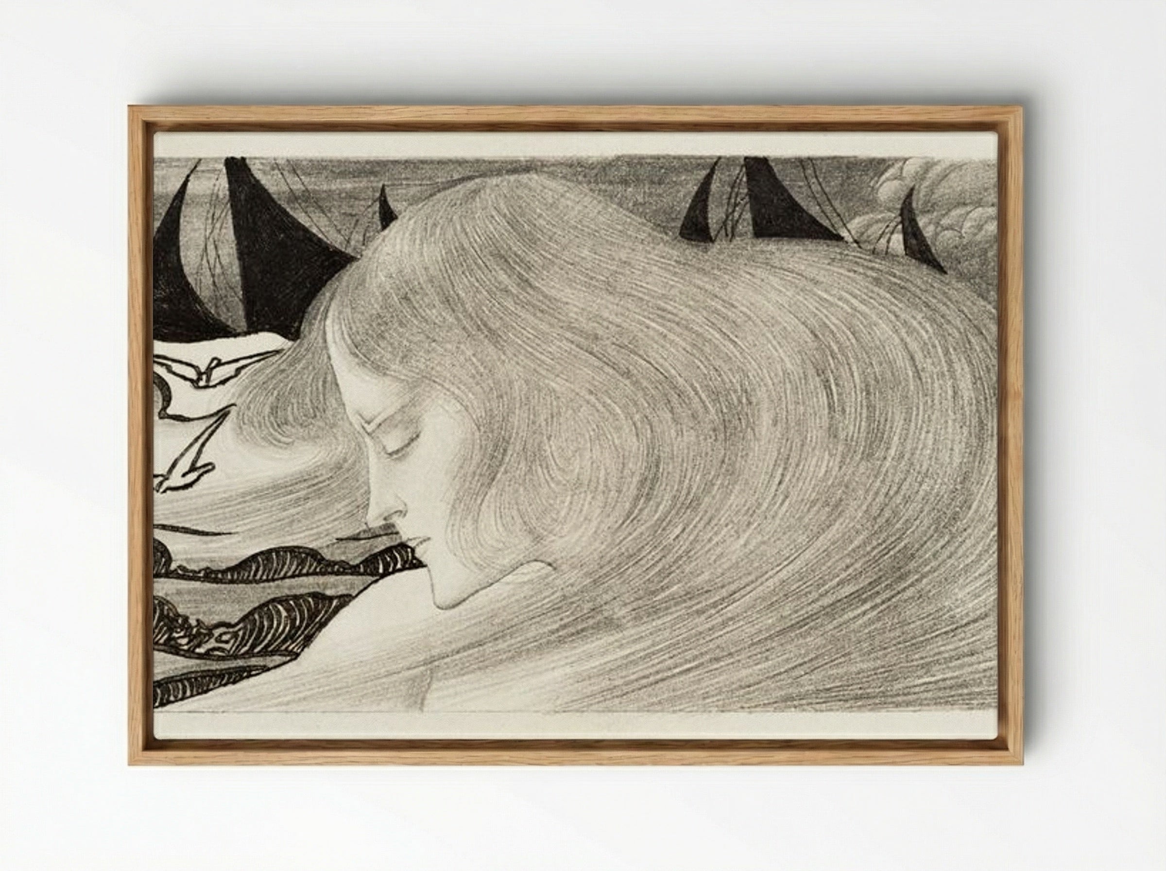 Young Woman with Wavy Hair in Front of a Sea with Ships - Jan Toorop - Framed Canvas Wood