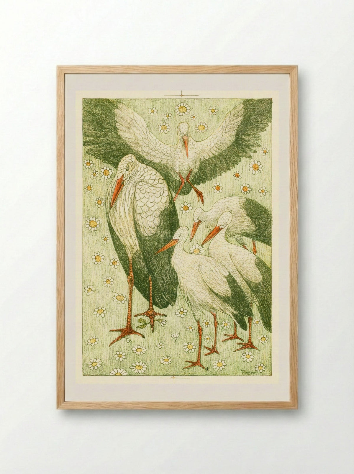 Vijf ooievaars in een wei (Five Storks in a Meadow) - Theo van Hoytema - Framed Print Wood