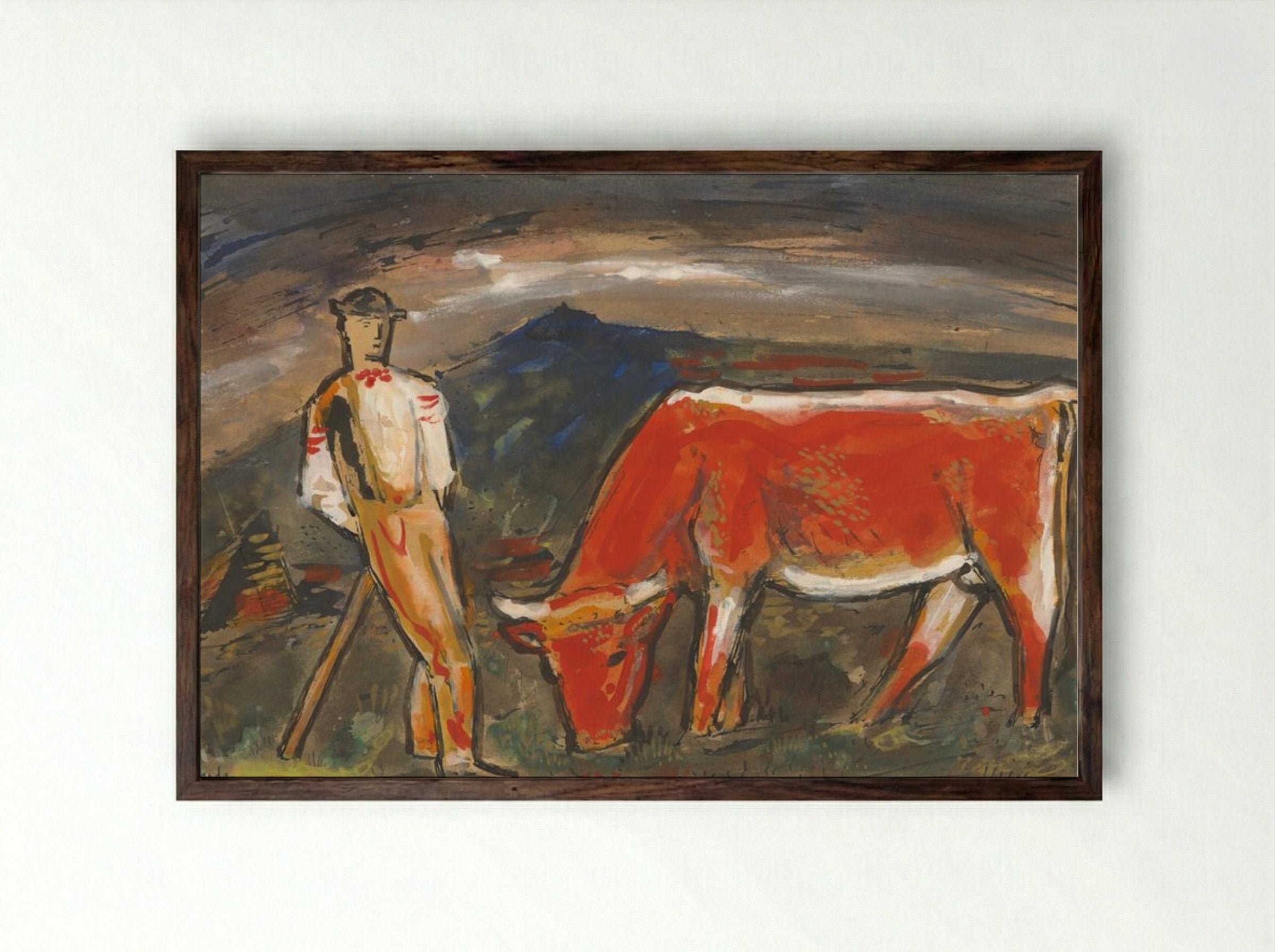 Shepherd with Red Cow - Mikuláš Galanda - Framed Print Dark Wood