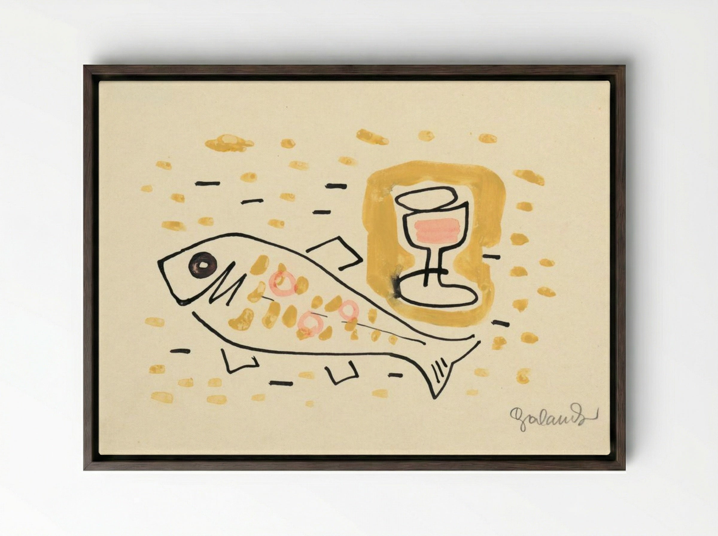 Still Life with Fish and Wine Glass - Mikuláš Galanda - Framed Canvas Dark Wood