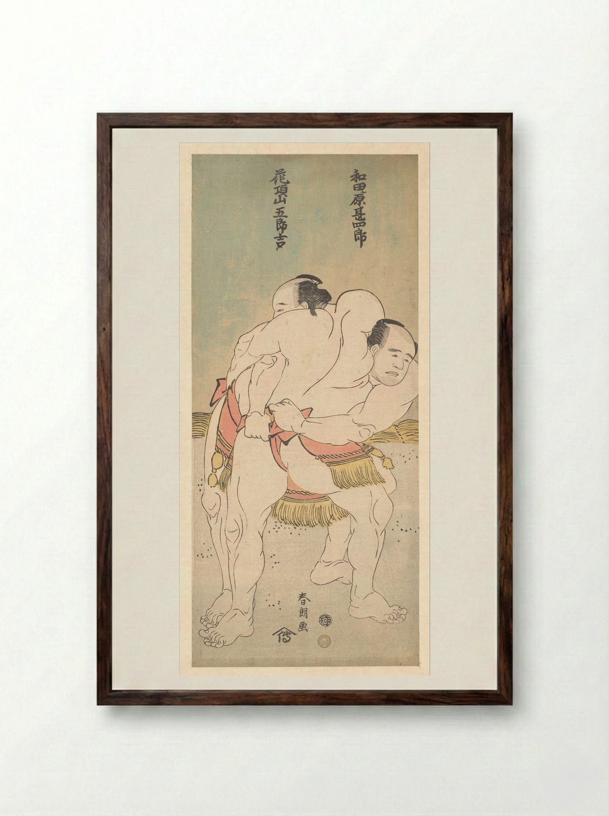 The Sumo Wrestlers Wadagahara Jinshirō and Kachōzan Gorokichi - Katsushika Hokusai - Framed Print Dark Wood