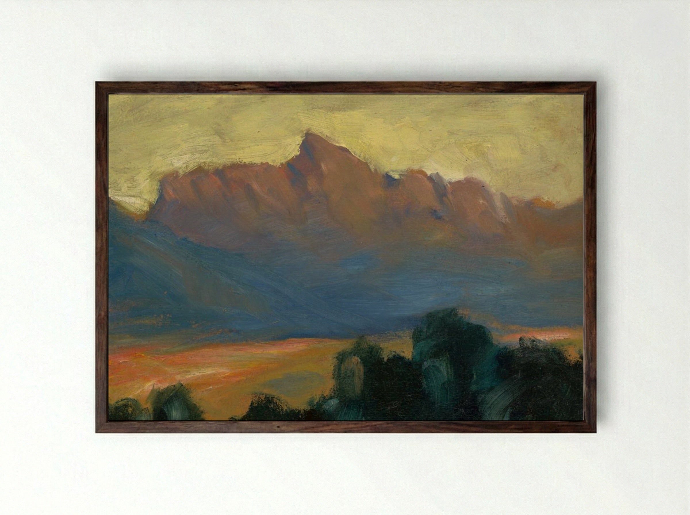Mountain Landscape at Sunset - Zolo Palugyay - Framed Print Dark Wood