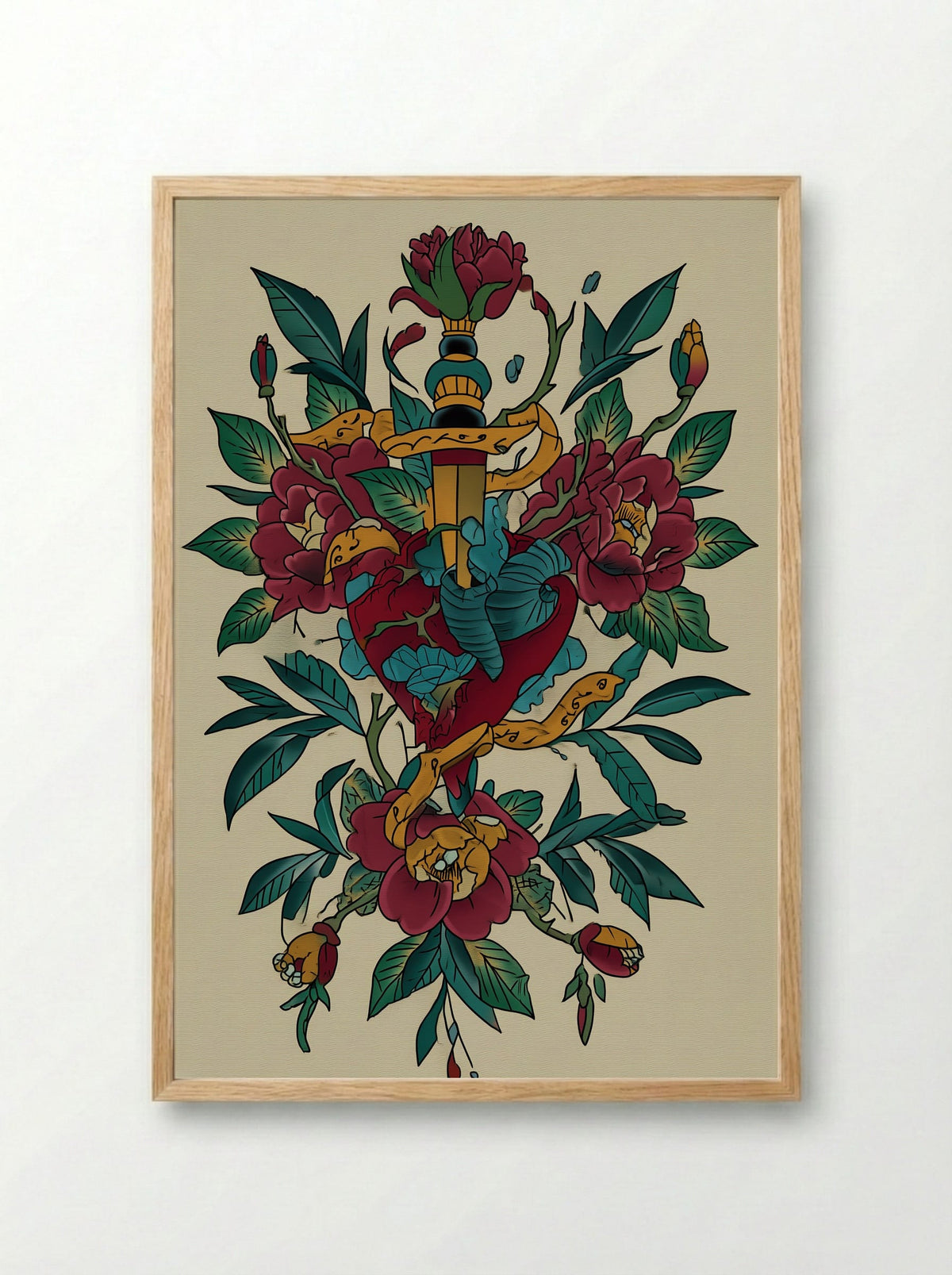 Dagger Through Heart and Flowers - Neo Traditional Tattoo Print - Framed Print Wood