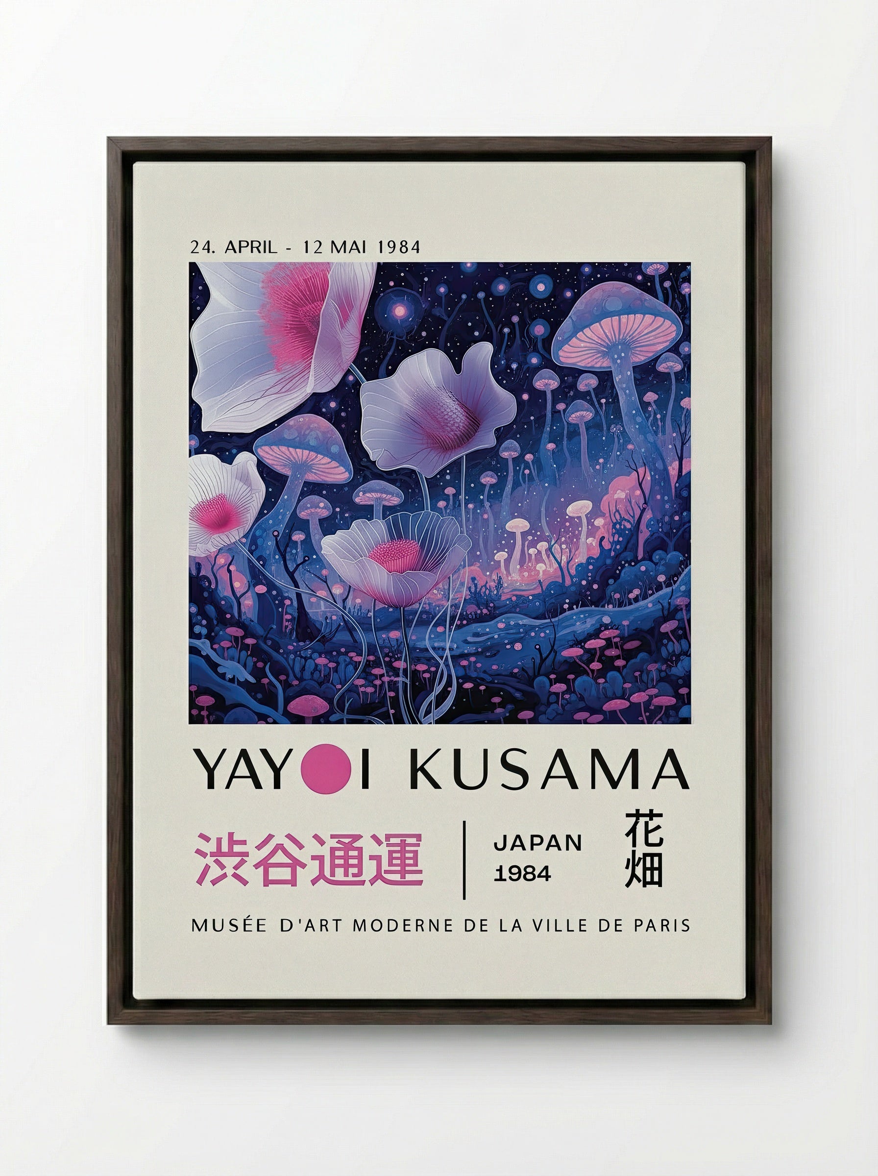 Mystical Floral Dreamscape - Yayoi Kusama - Framed Canvas Dark Wood