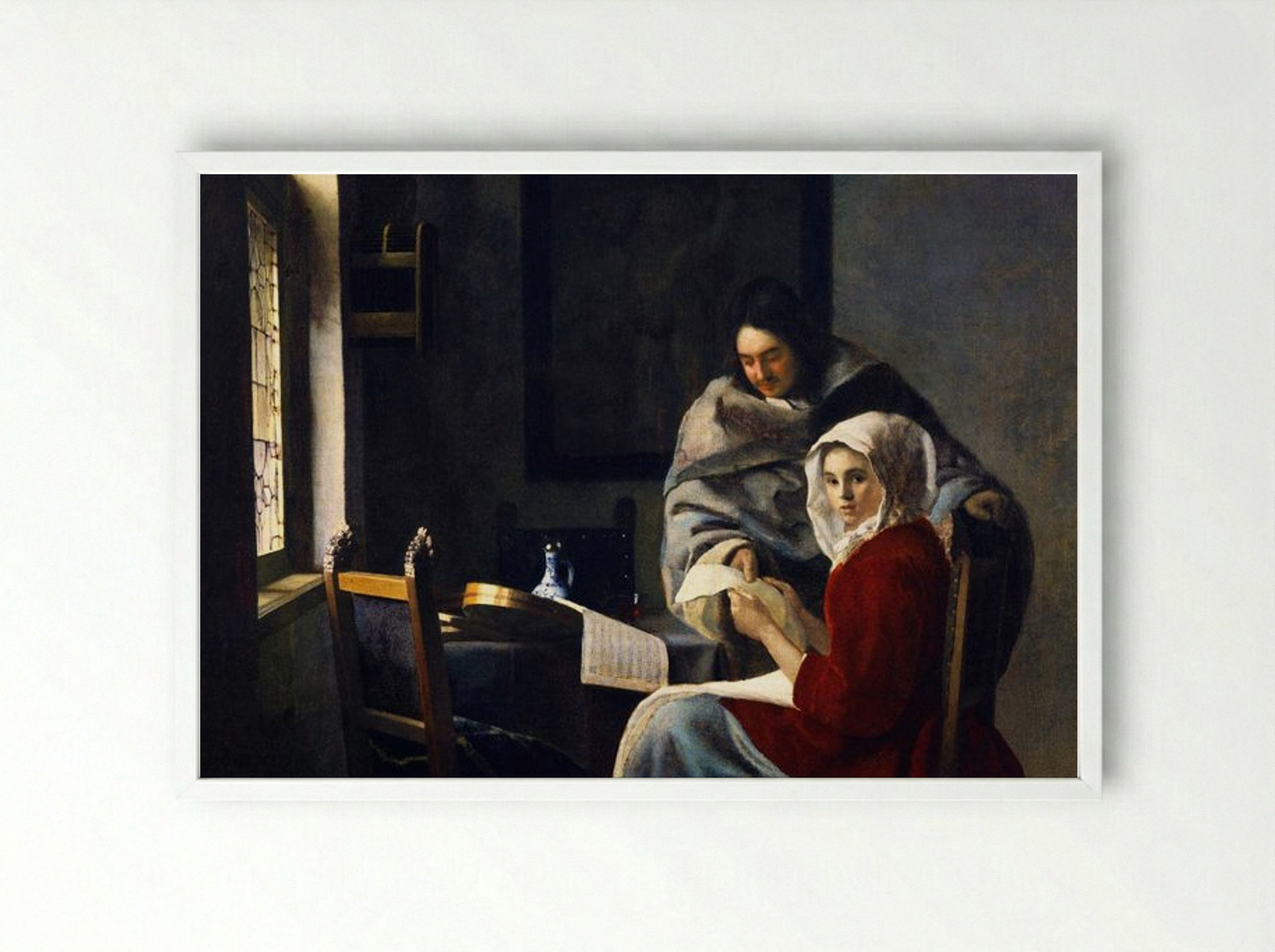 Girl Interrupted at Her Music - Johannes Vermeer - Framed Print White