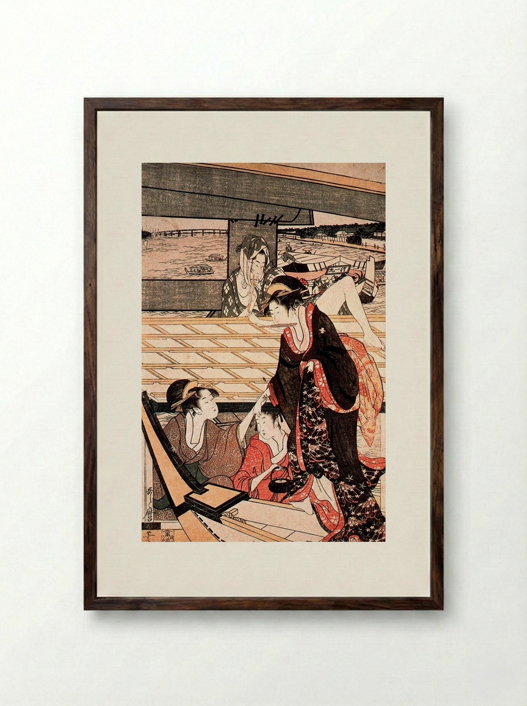 A Scene on the Bridge - Kitagawa Utamaro - Framed Print Dark Wood