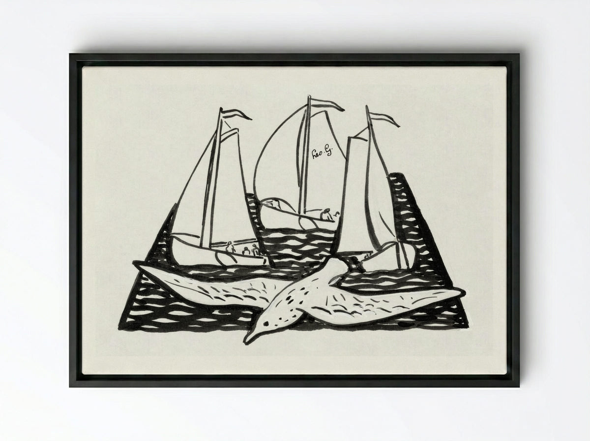 Three Sailing Ships and a Seagull - Leo Gestel - Framed Canvas Black
