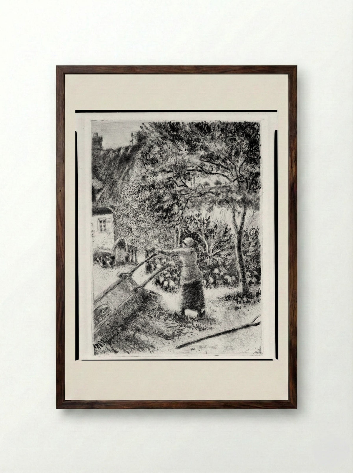 Woman Emptying a Wheelbarrow - Camille Pissarro - Framed Print Dark Wood