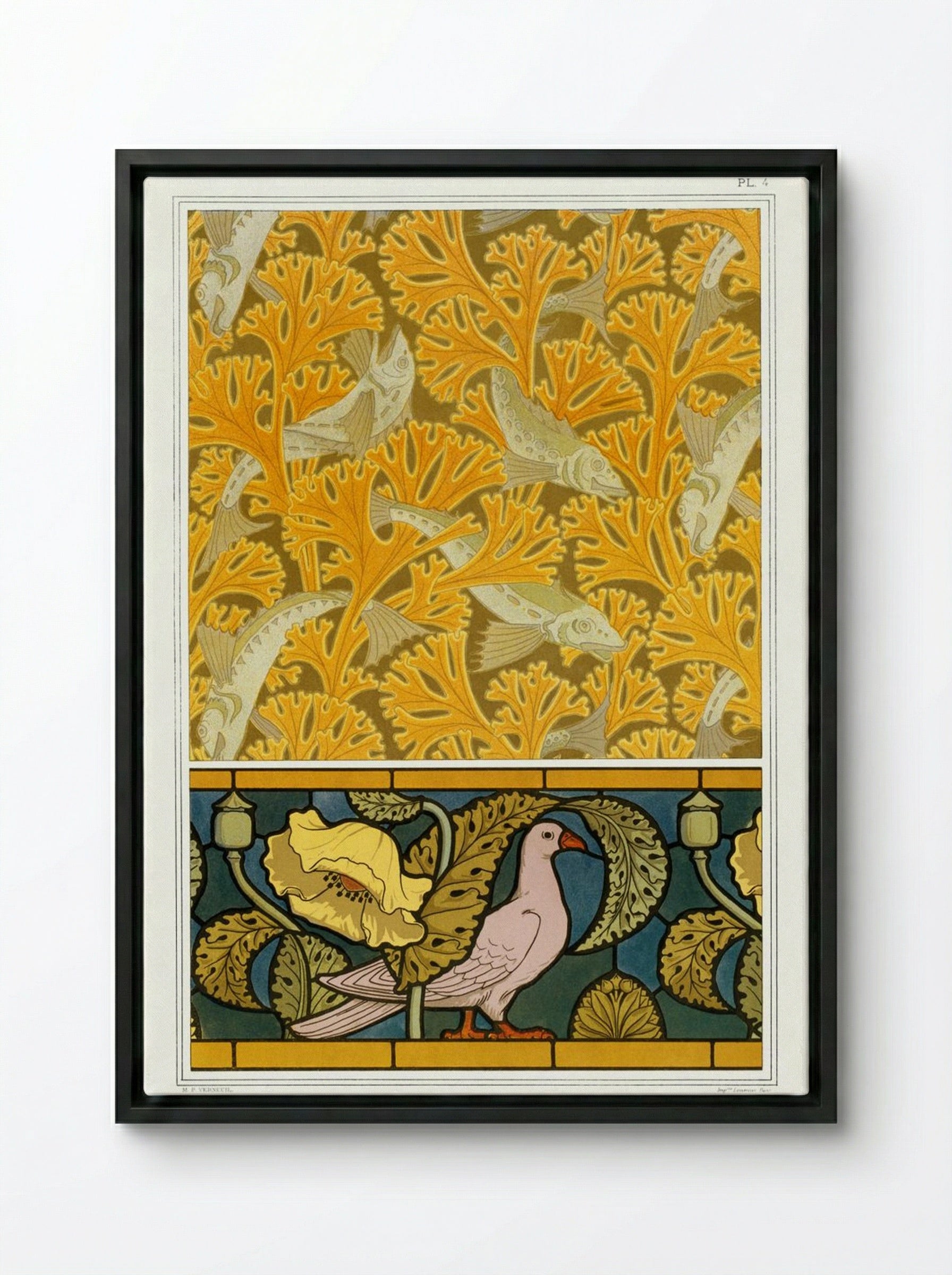 Poisson et Algues, Papier Peint; Pigeon et Pavots, Bordure de Vitrail - Maurice Pillard Verneuil - Framed Canvas Black