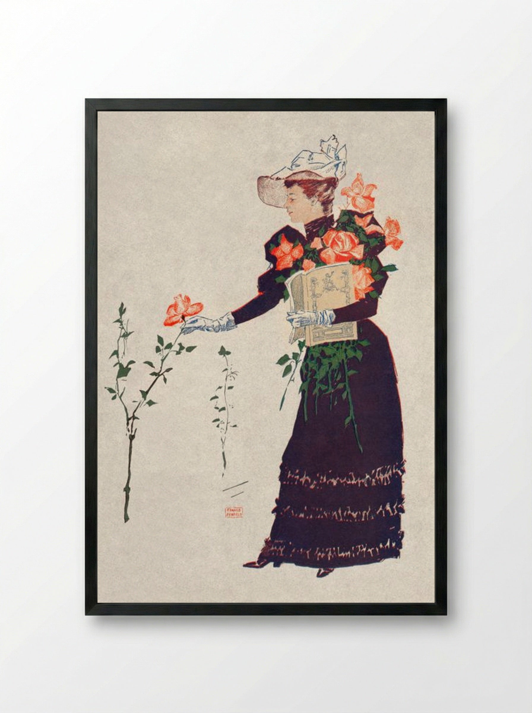 Woman Picking Up Flowers - Edward Penfield - Framed Print Black