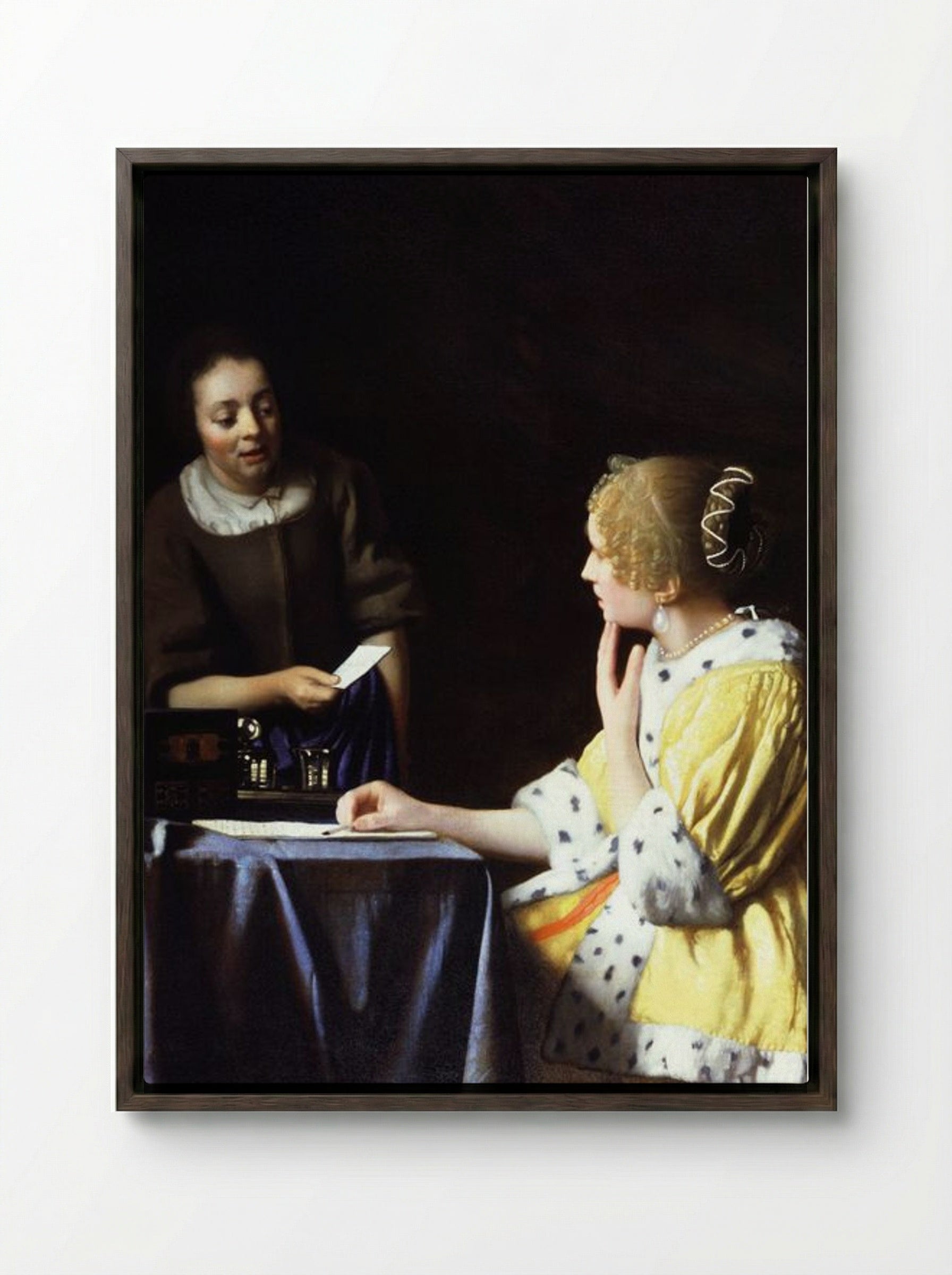 Mistress and Maid - Johannes Vermeer - Framed Canvas Dark Wood