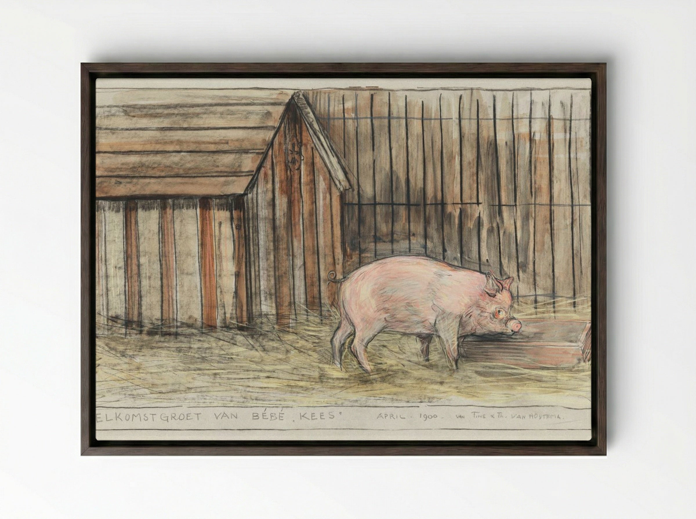 Varken Voor zijn kot bij een trog (Pig Before its Pen by a Trough) - Theo van Hoytema - Framed Canvas Dark Wood