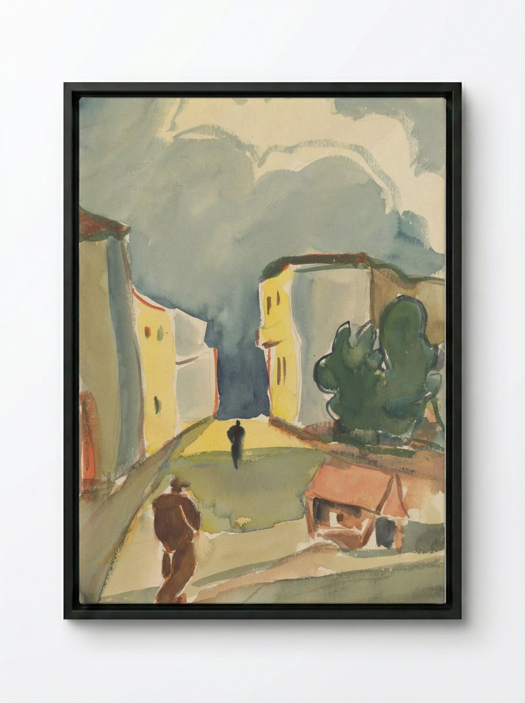 Two Pedestrians in a Townscape - Zolo Palugyay - Framed Canvas Black