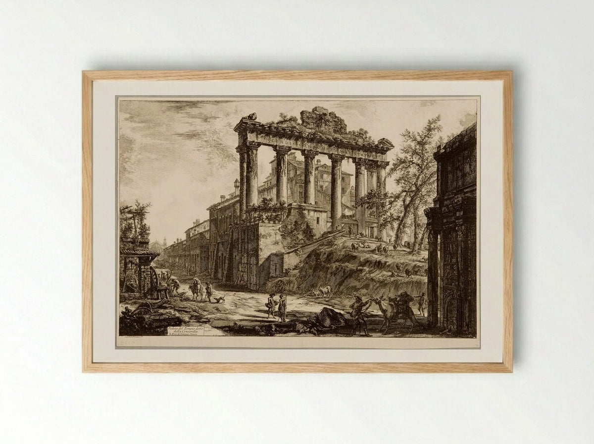 The Temple of Saturn, with a Corner of the Arch of Septimius Severus in the Background - Giovanni Battista Piranesi - Framed Print Wood