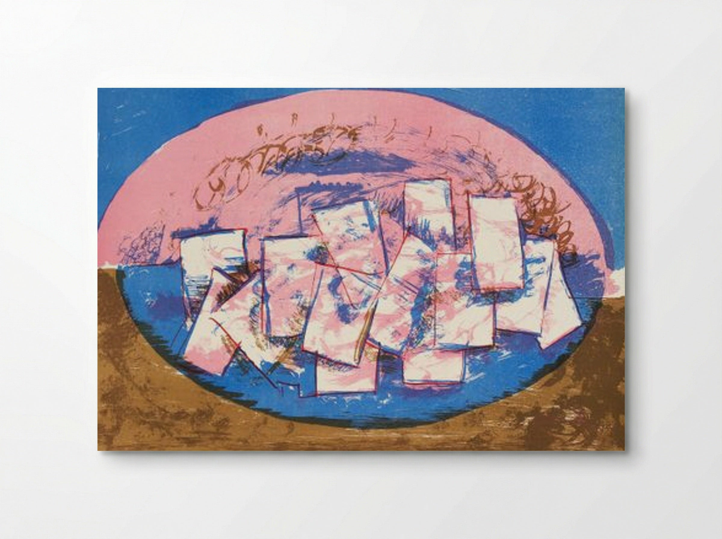 Blue and Pink Ellipse with Squares on Brown and Blue Background - Vilhelm Lundstrøm - Poster