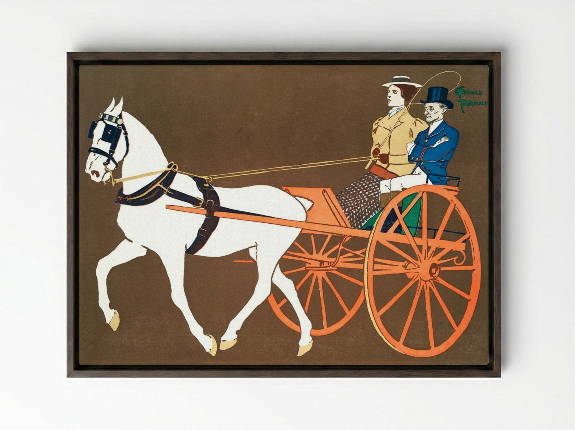 Women in Carriage - Edward Penfield - Framed Canvas Dark Wood