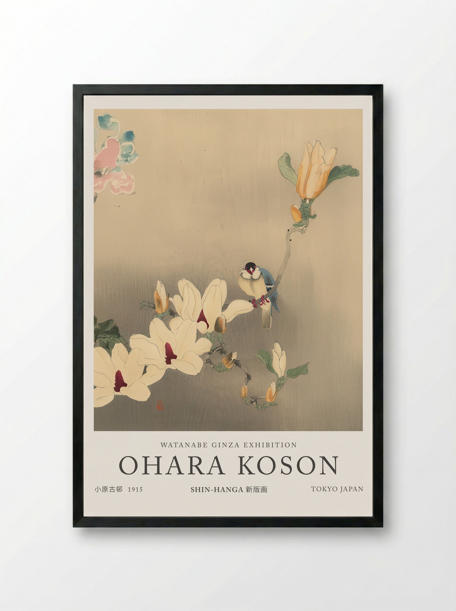 Blue Bird And Magnolia - Ohara Koson - Framed Print Black
