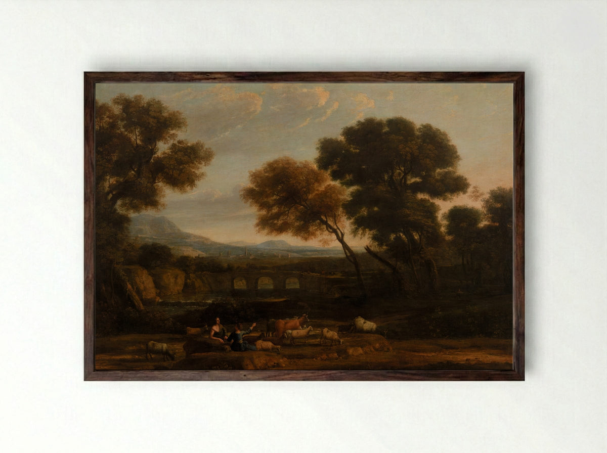 Pastoral Landscape with Bridge - Claude Lorrain - Framed Print Dark Wood