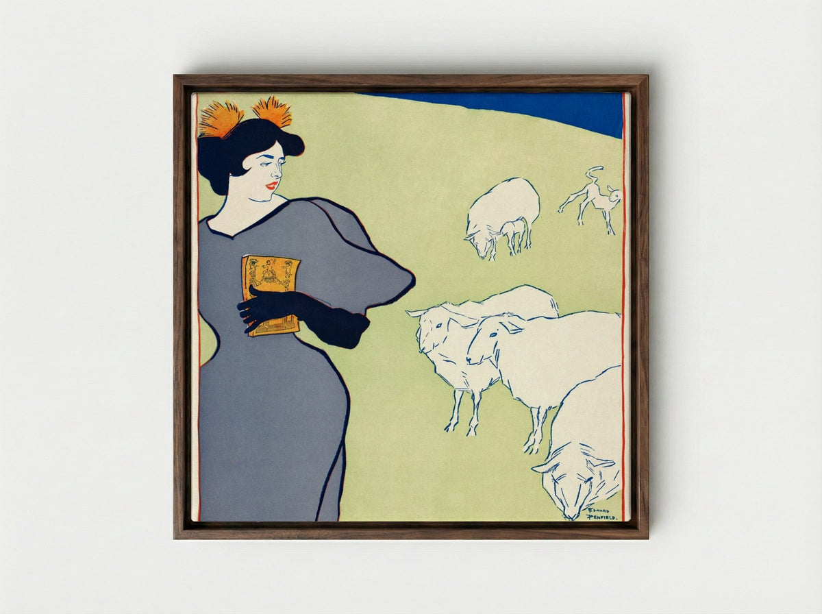 Woman and Sheep - Edward Penfield - Framed Canvas Dark Wood