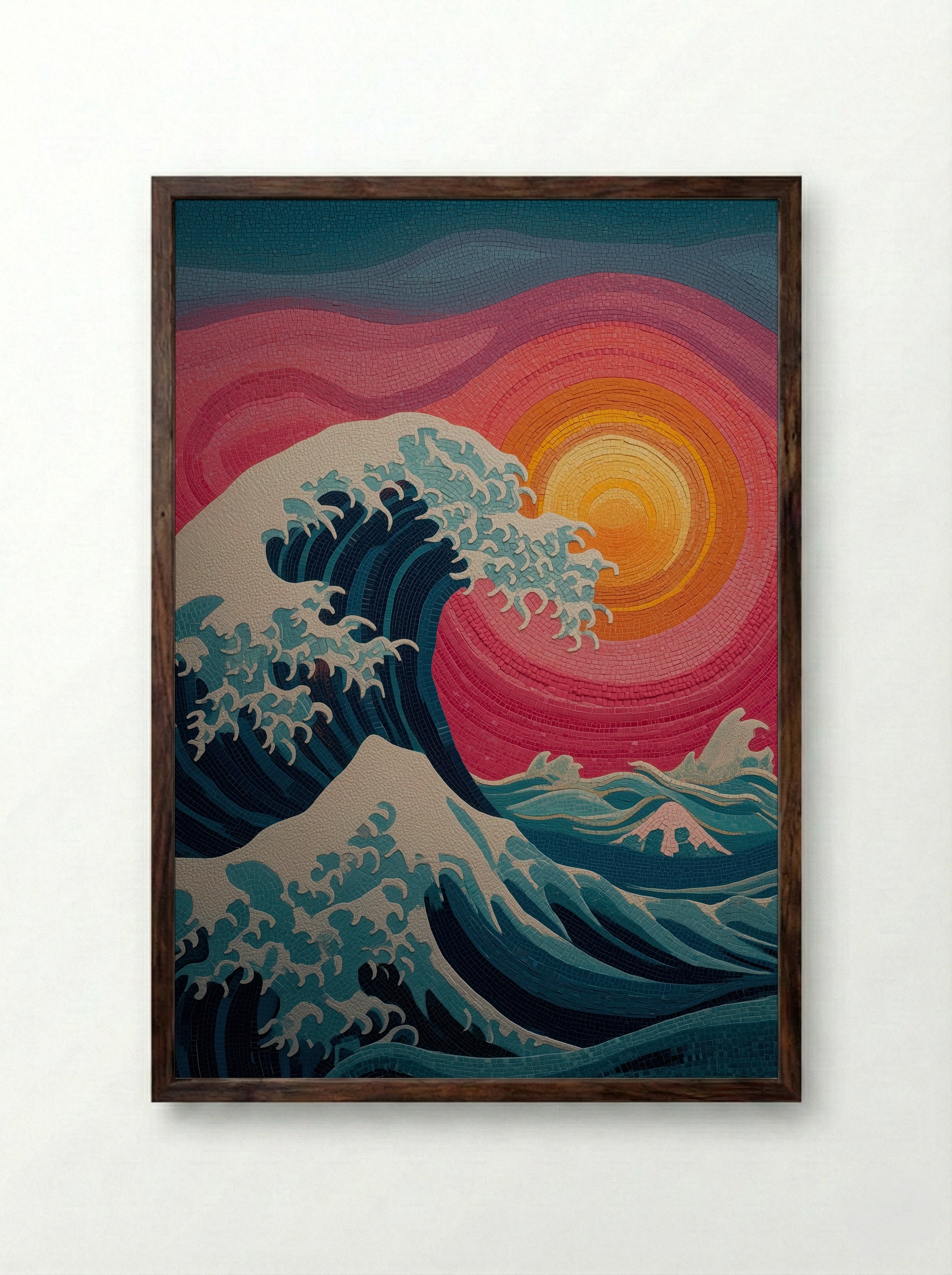 The Great Mosaic Wave – Japanese Mosaic Sunset Print Inspired by Hokusai - Framed Print Dark Wood