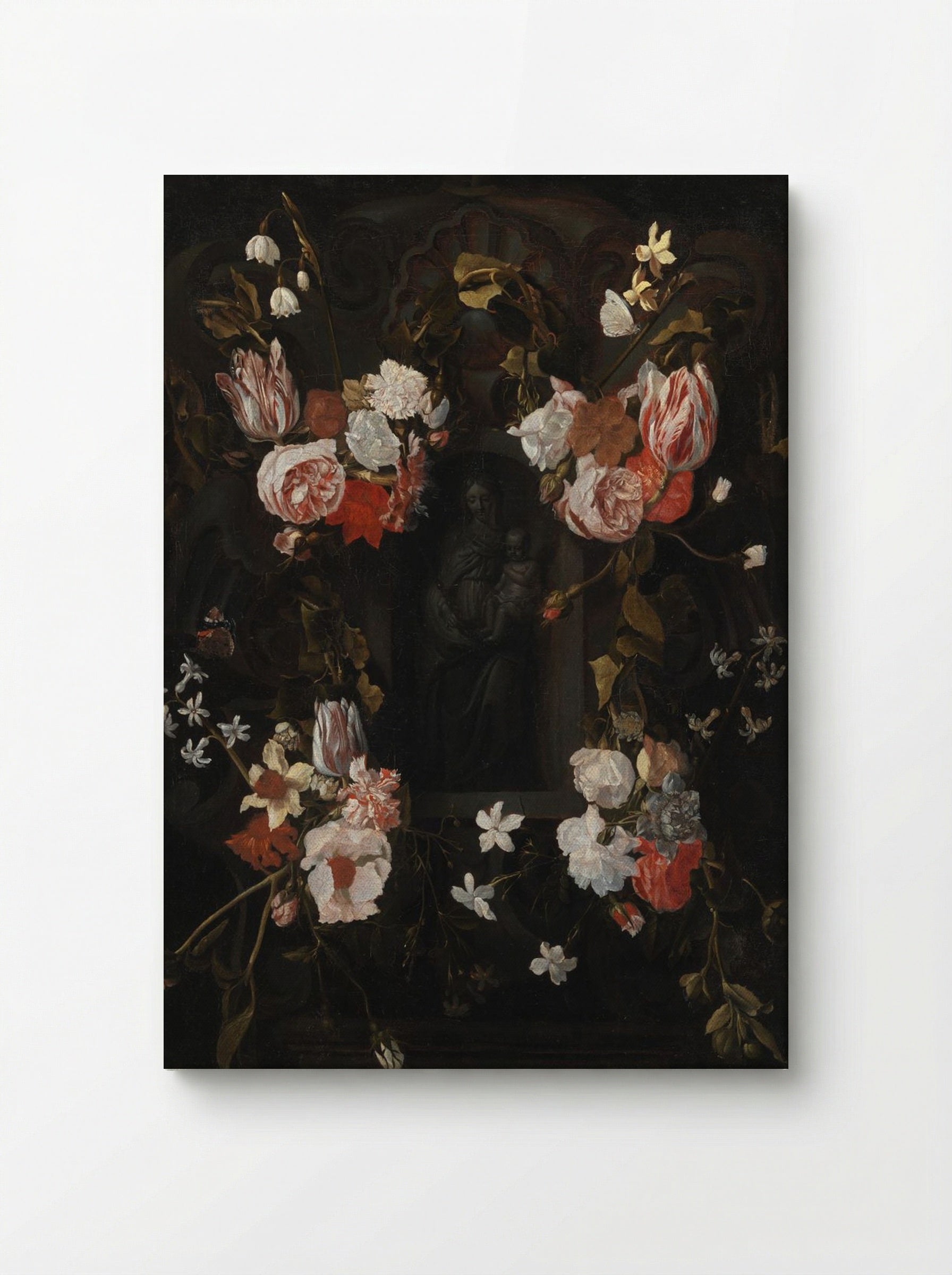 A Flower-Wreathed Niche with a Stone Figure of the Madonna - Fine Art Print - Canvas