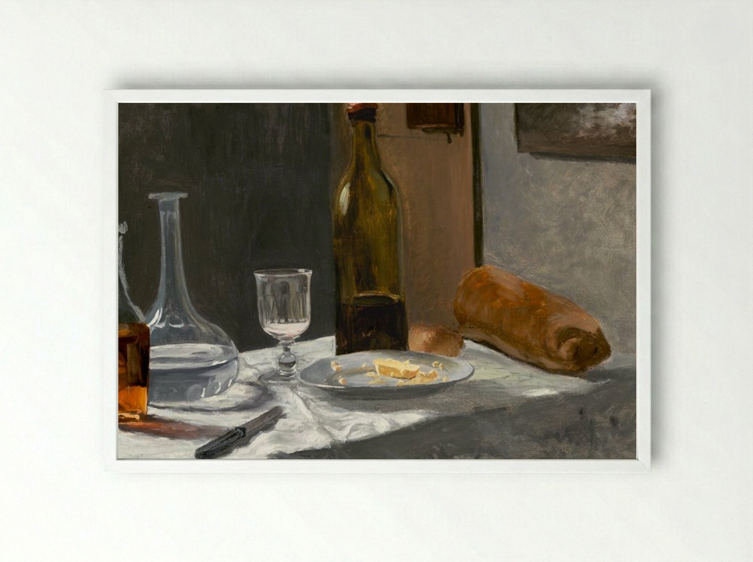 Still Life with Bottle, Carafe, Bread, and Wine - Claude Monet - Framed Print White