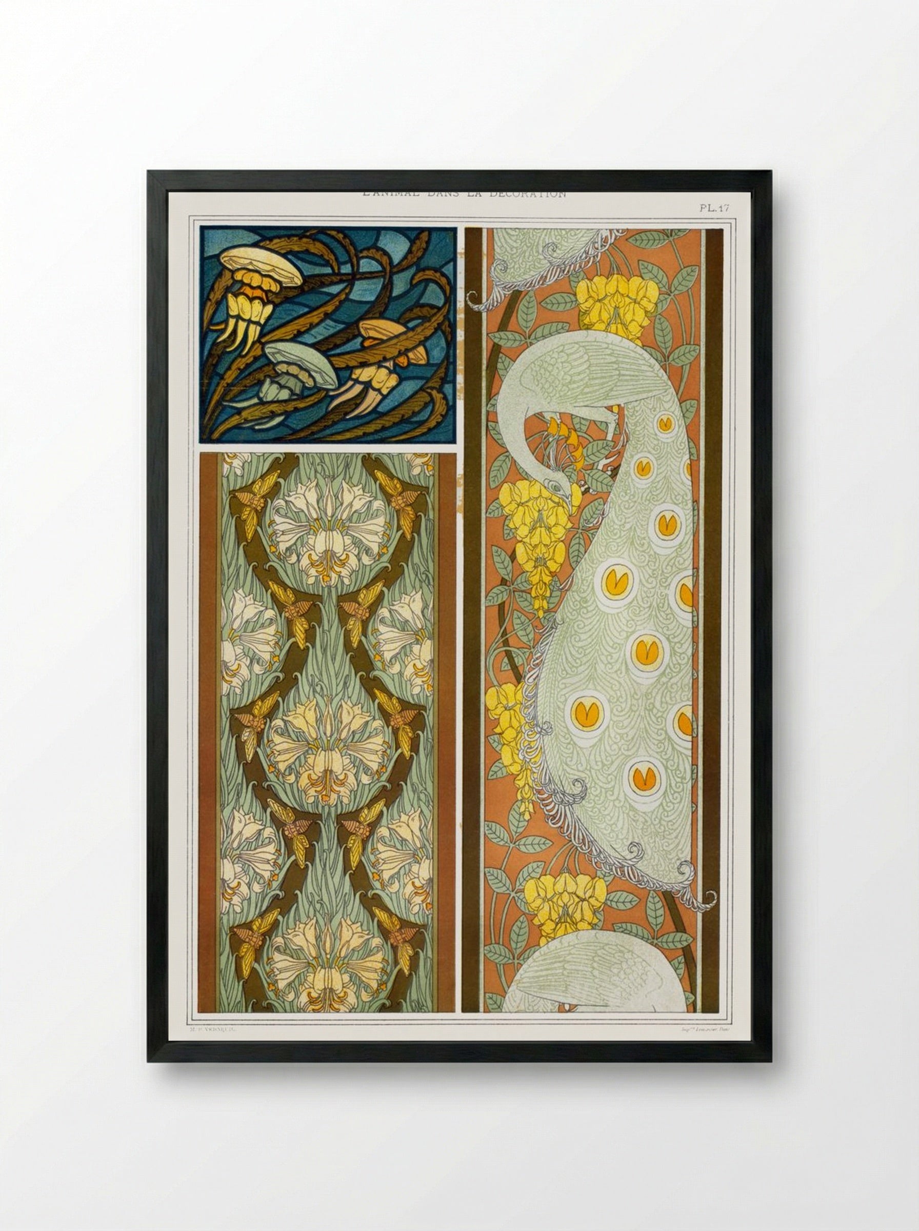 Meduses et Algues, Vitrail. Cigales et Lis, Paons et Cytise, Bordures (Plate 17 from L'animal dans la décoration) - Maurice Pillard Verneuil - Framed Print Black