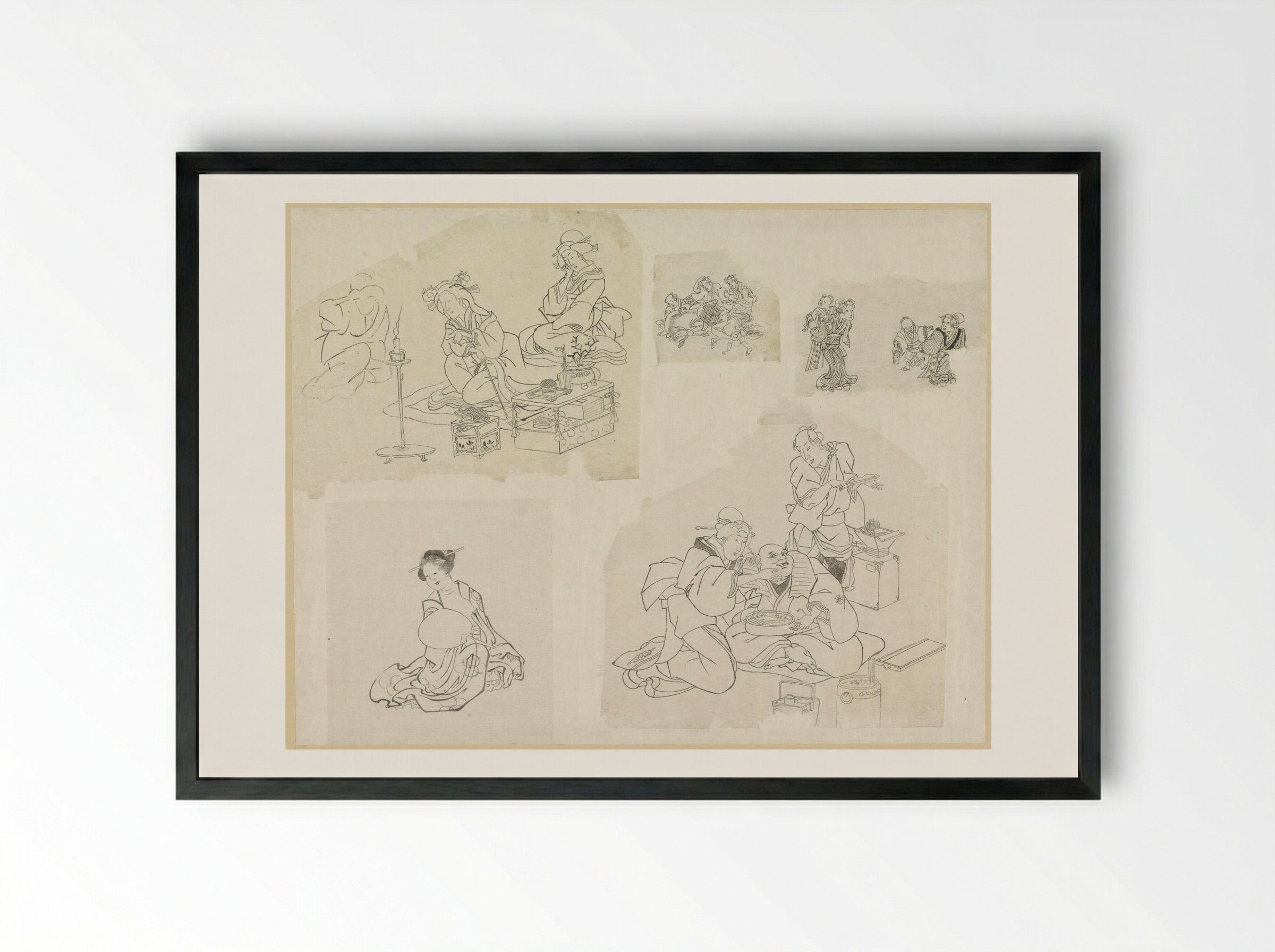 Five Sketches of People in Various Situations - Katsushika Hokusai - Framed Print Black