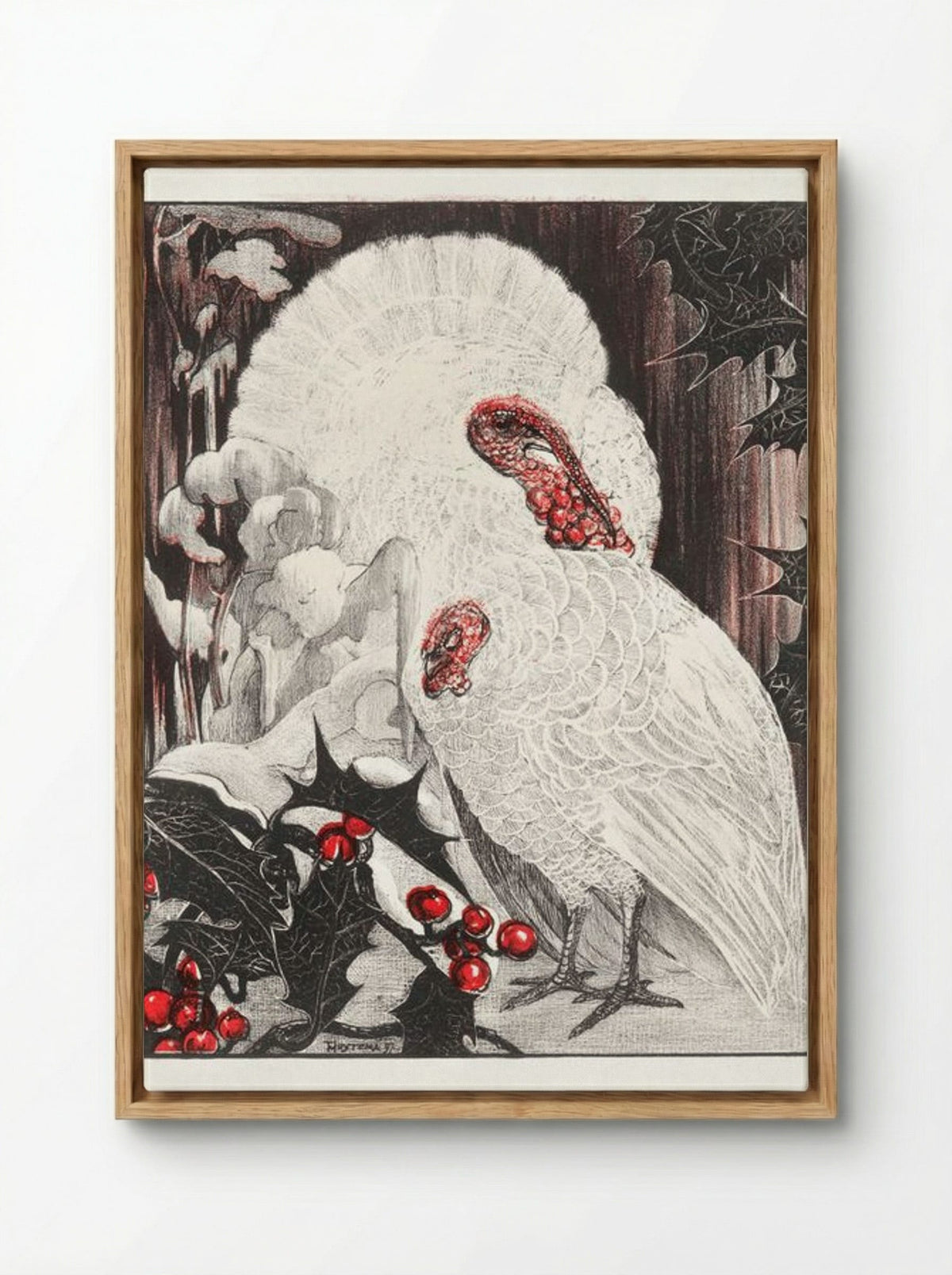 Two White Turkeys with Holly Branches in the Snow - Theo van Hoytema - Framed Canvas Wood
