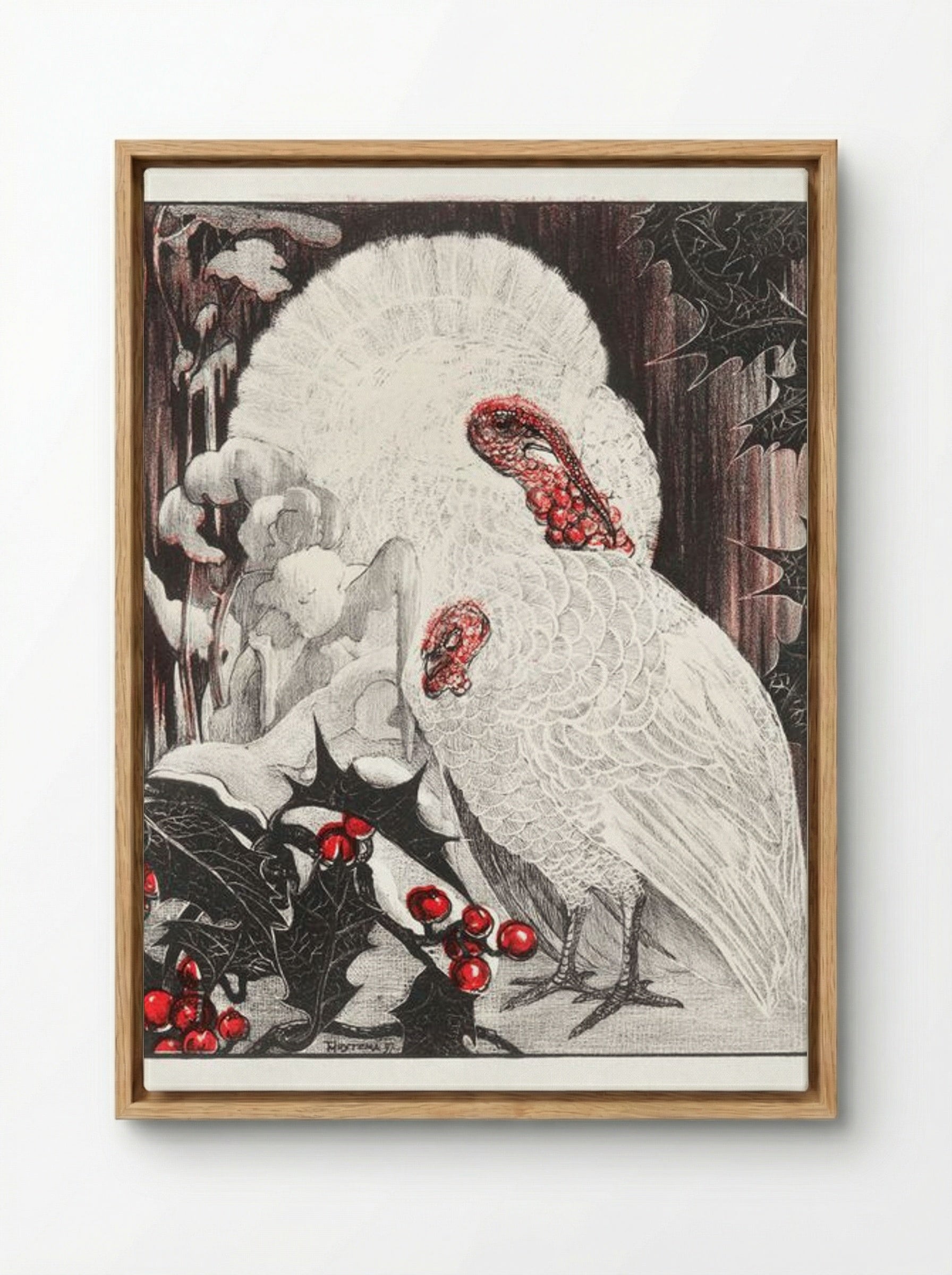 Two White Turkeys with Holly Branches in the Snow - Theo van Hoytema - Framed Canvas Wood