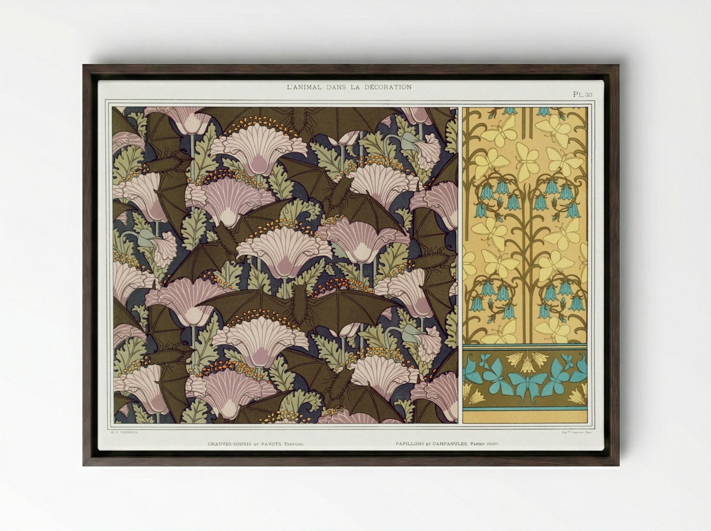 Chauves-souris et Pavots; Papillons et Campanules - Maurice Pillard Verneuil - Framed Canvas Dark Wood