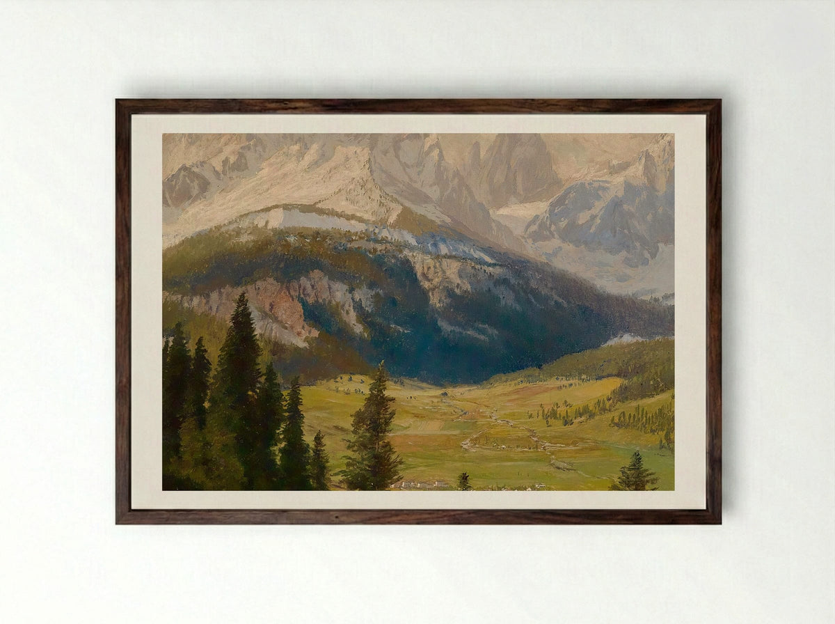 Sexten Village, Sexten Sundial, Sexten Dolomites, and the Fischleital Valley - Karl Köck - Framed Print Dark Wood