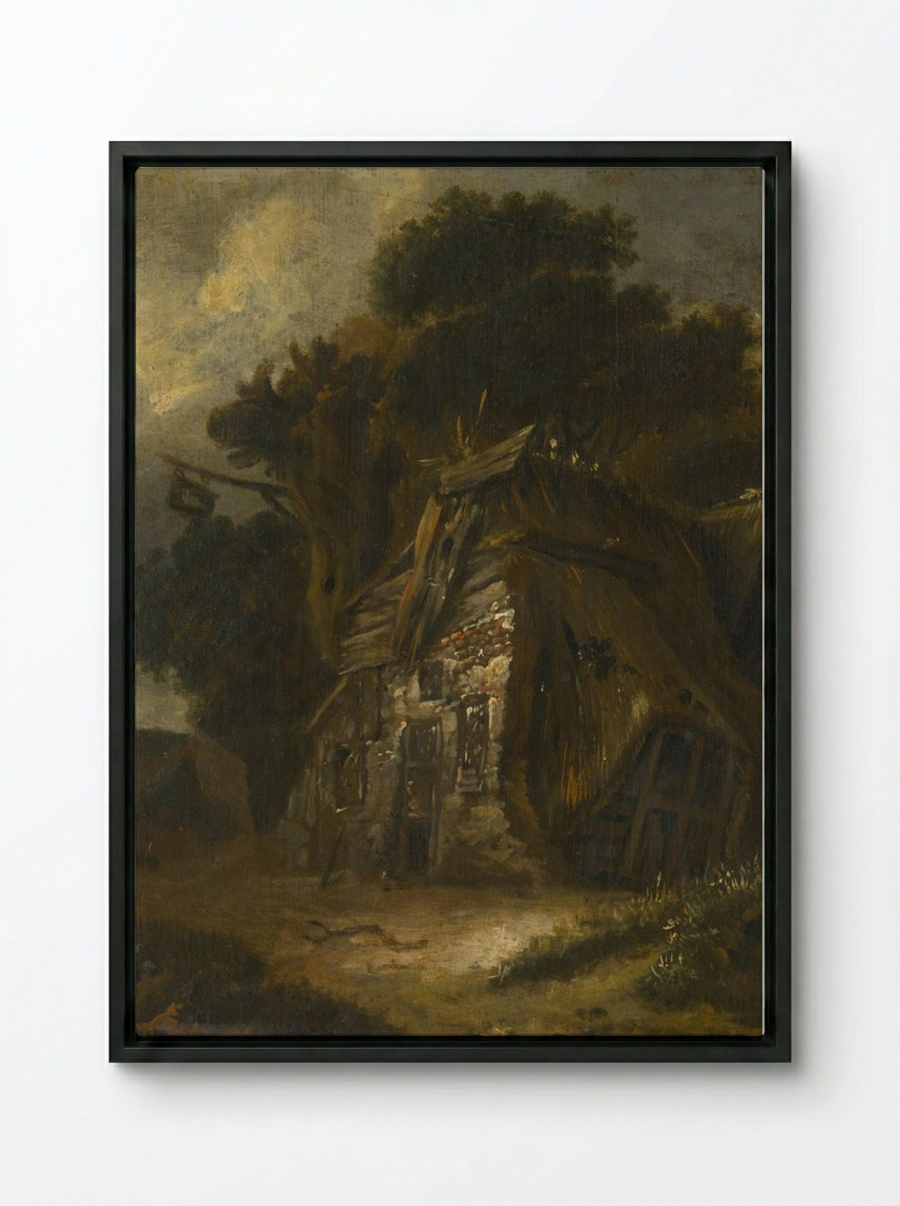 Thatched Hut in Landscape - Fine Art Print - Framed Canvas Black