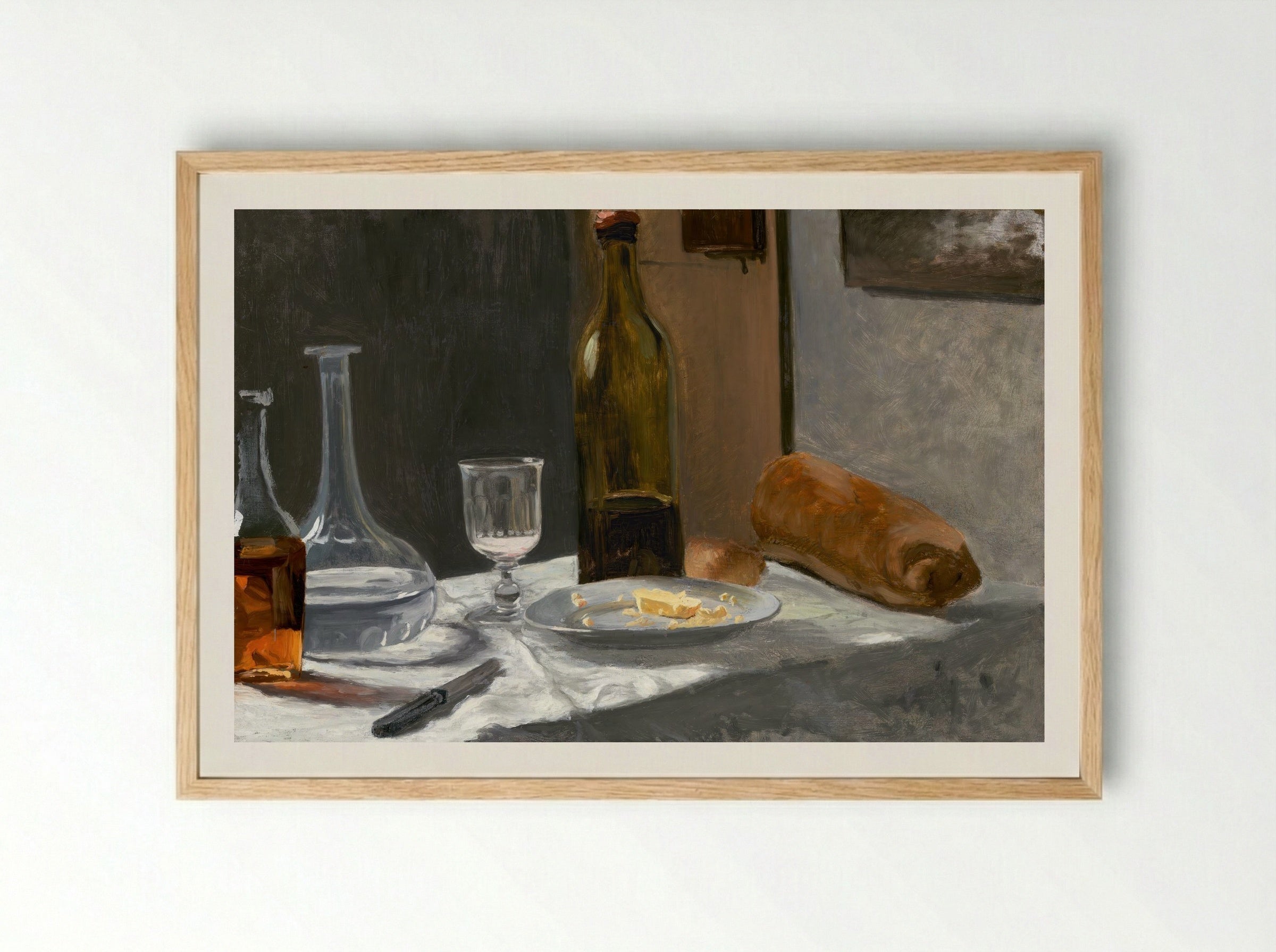 Still Life with Bottle, Carafe, Bread, and Wine - Claude Monet - Framed Print Wood