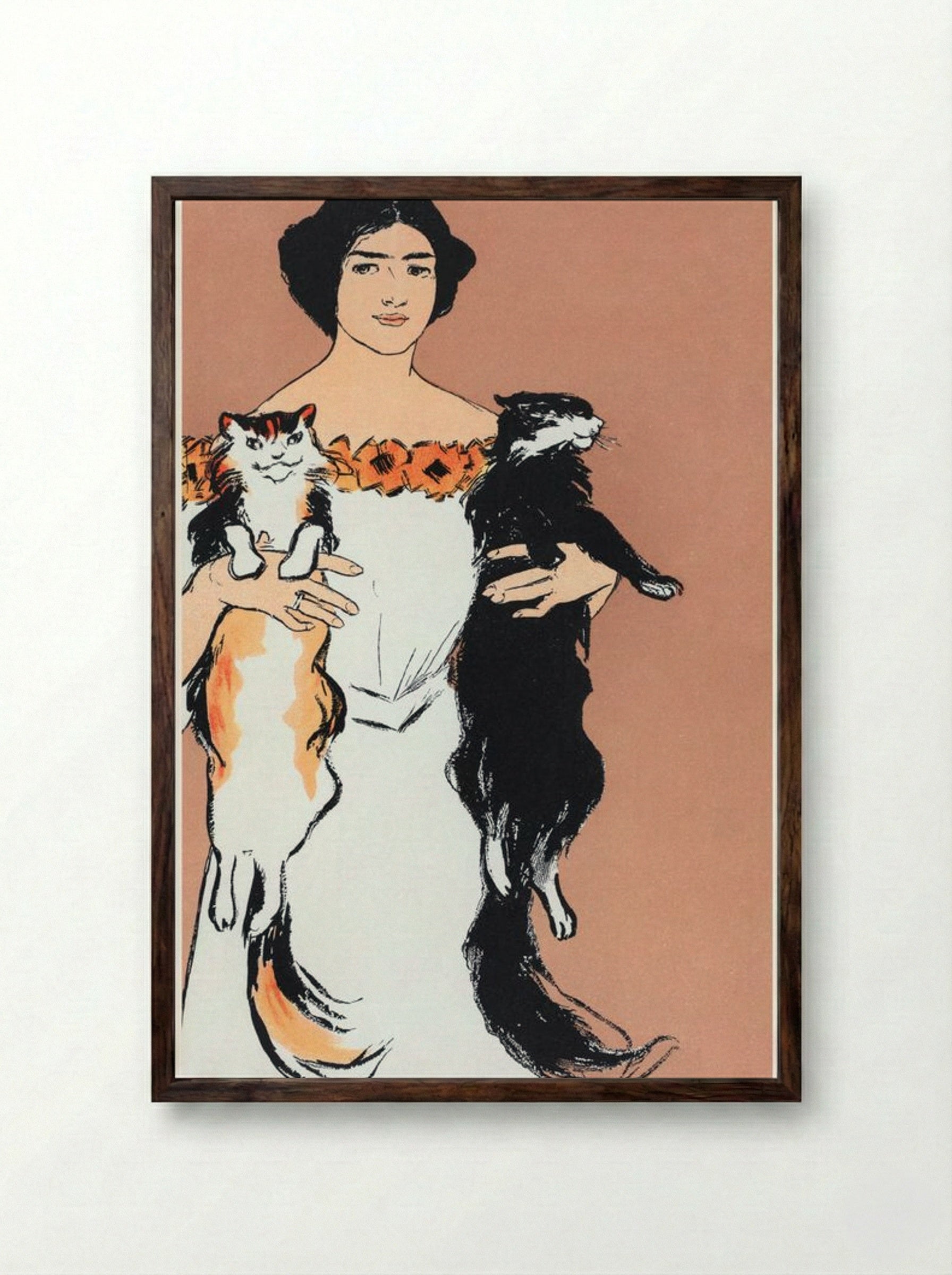 Woman Holding Cats - Edward Penfield - Framed Print Dark Wood