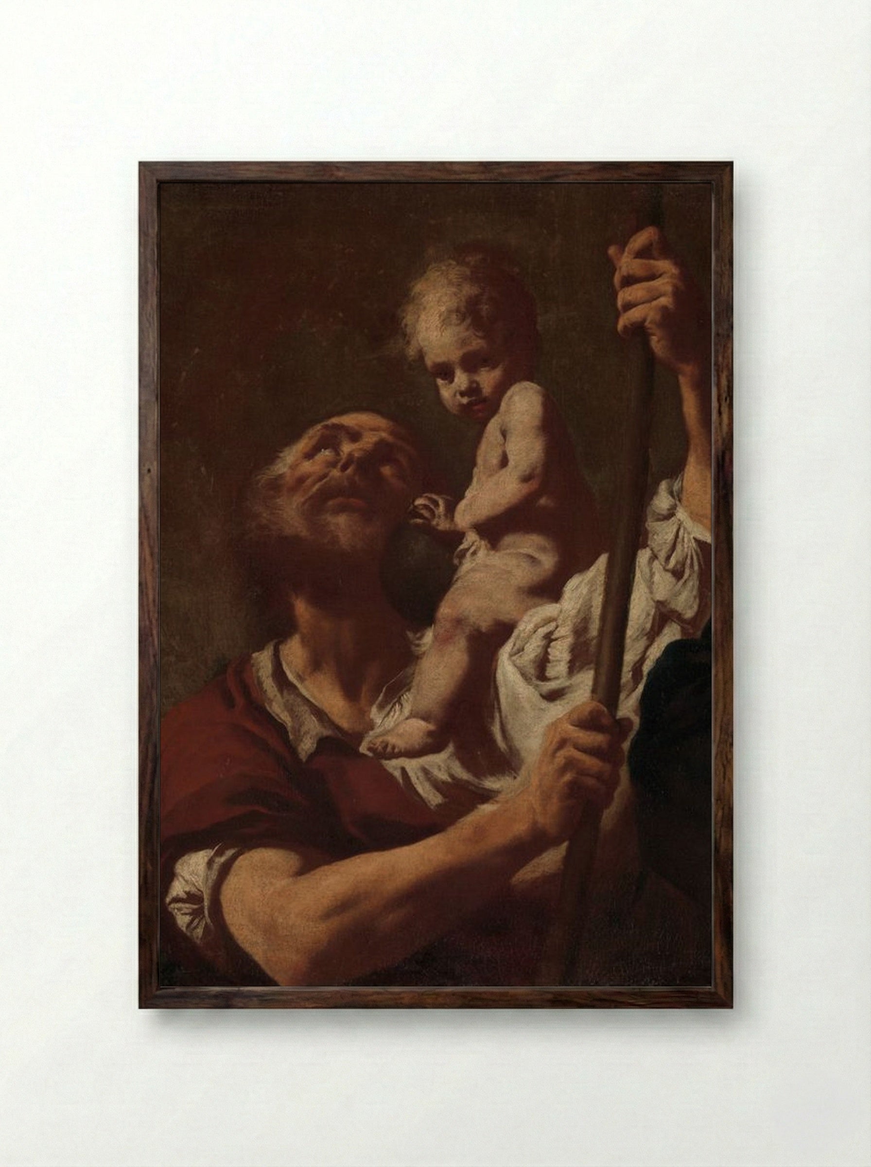 Saint Christopher Carrying the Infant Christ - Giovanni Battista Piazzetta - Framed Print Dark Wood