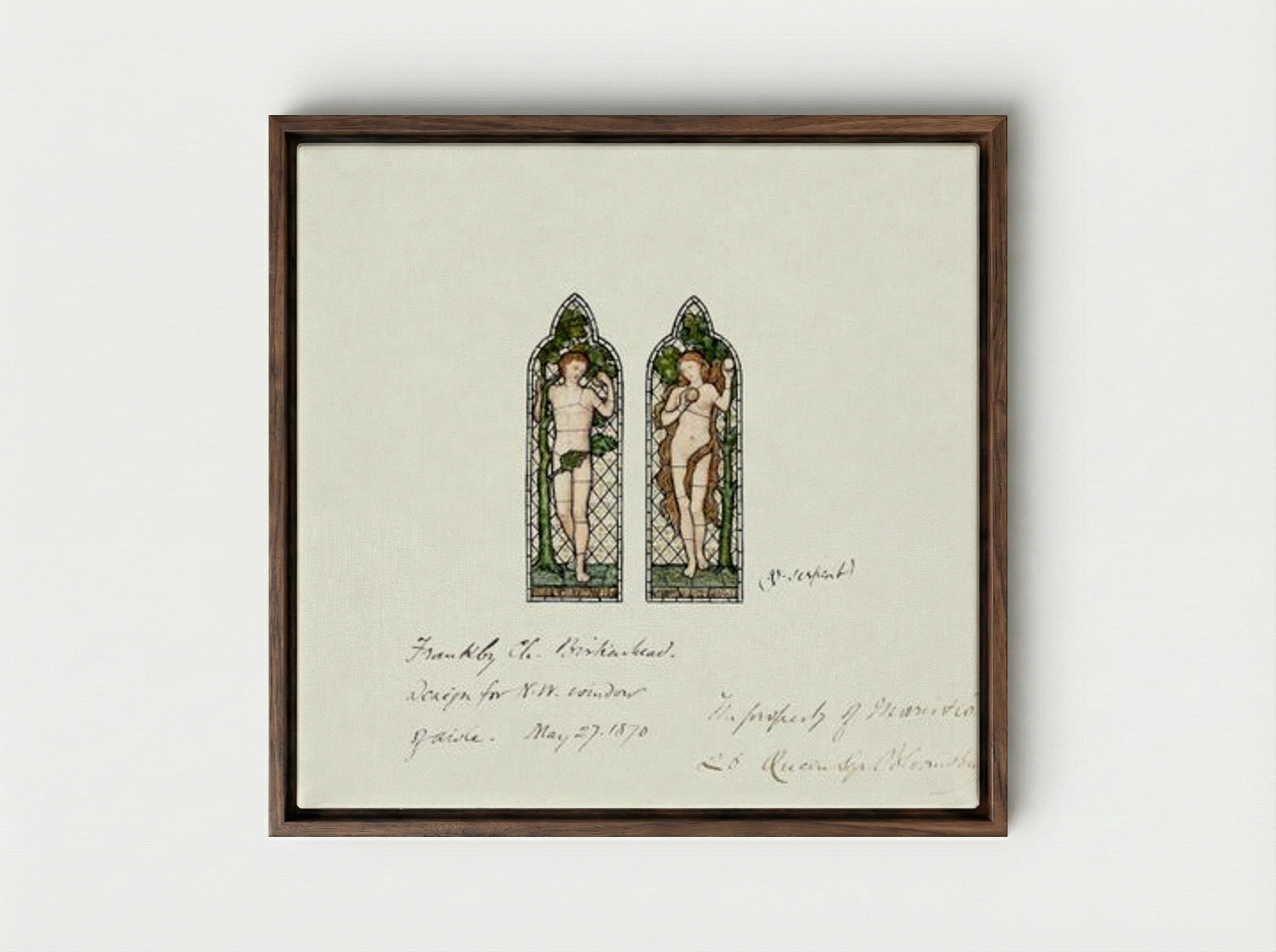 Design for Stained Glass Window: Adam and Eve - Fine Art Print - Framed Canvas Dark Wood