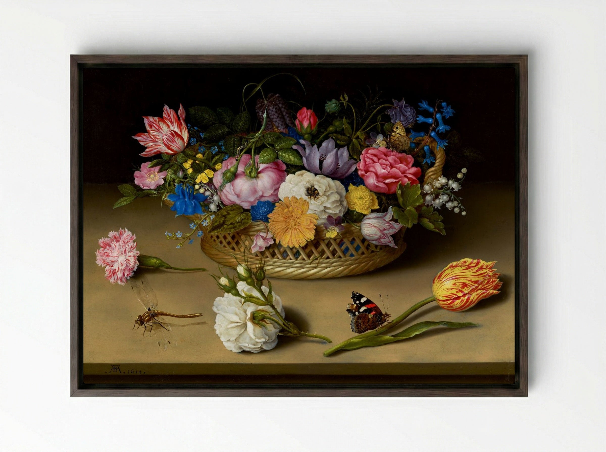 Flower Still Life in a Basket - Ambrosius Bosschaert the Elder - Framed Canvas Dark Wood