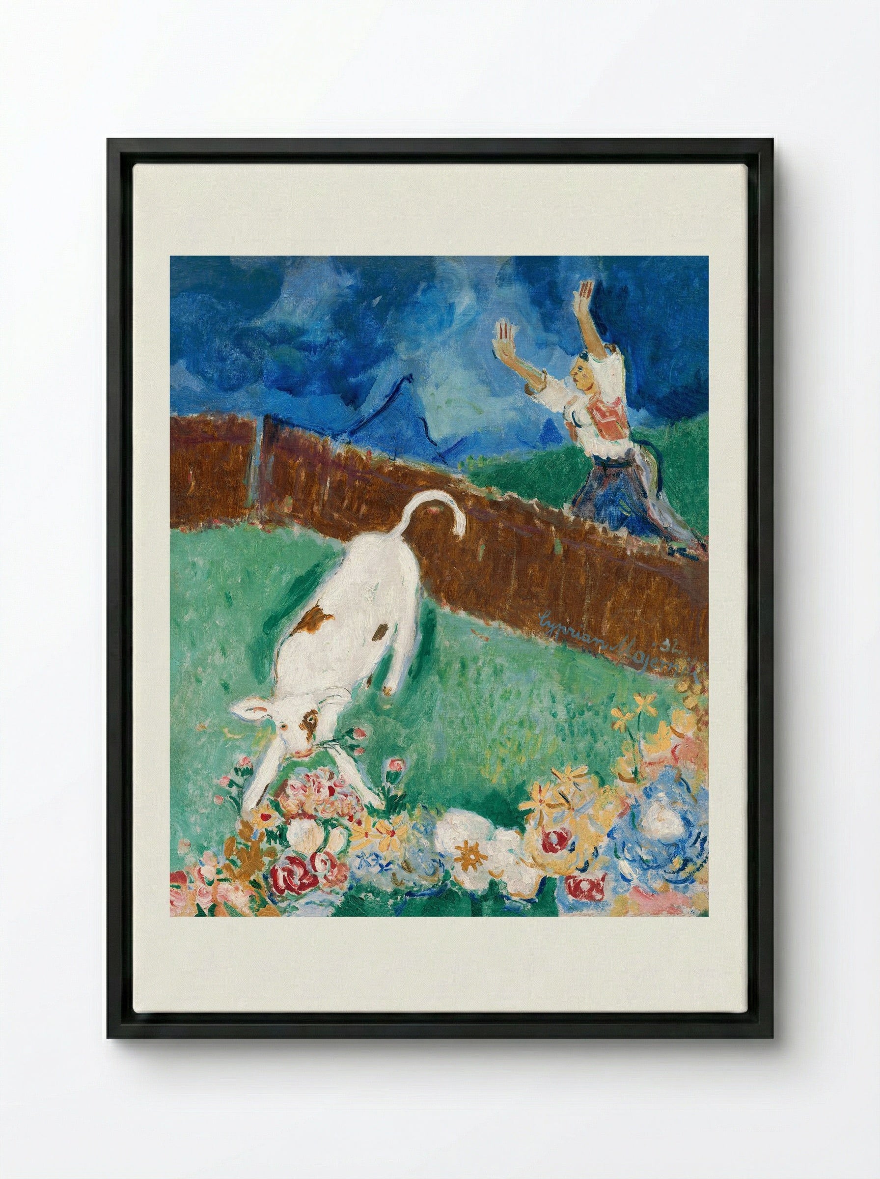 Calf in a Meadow - Cyprián Majerník - Framed Canvas Black
