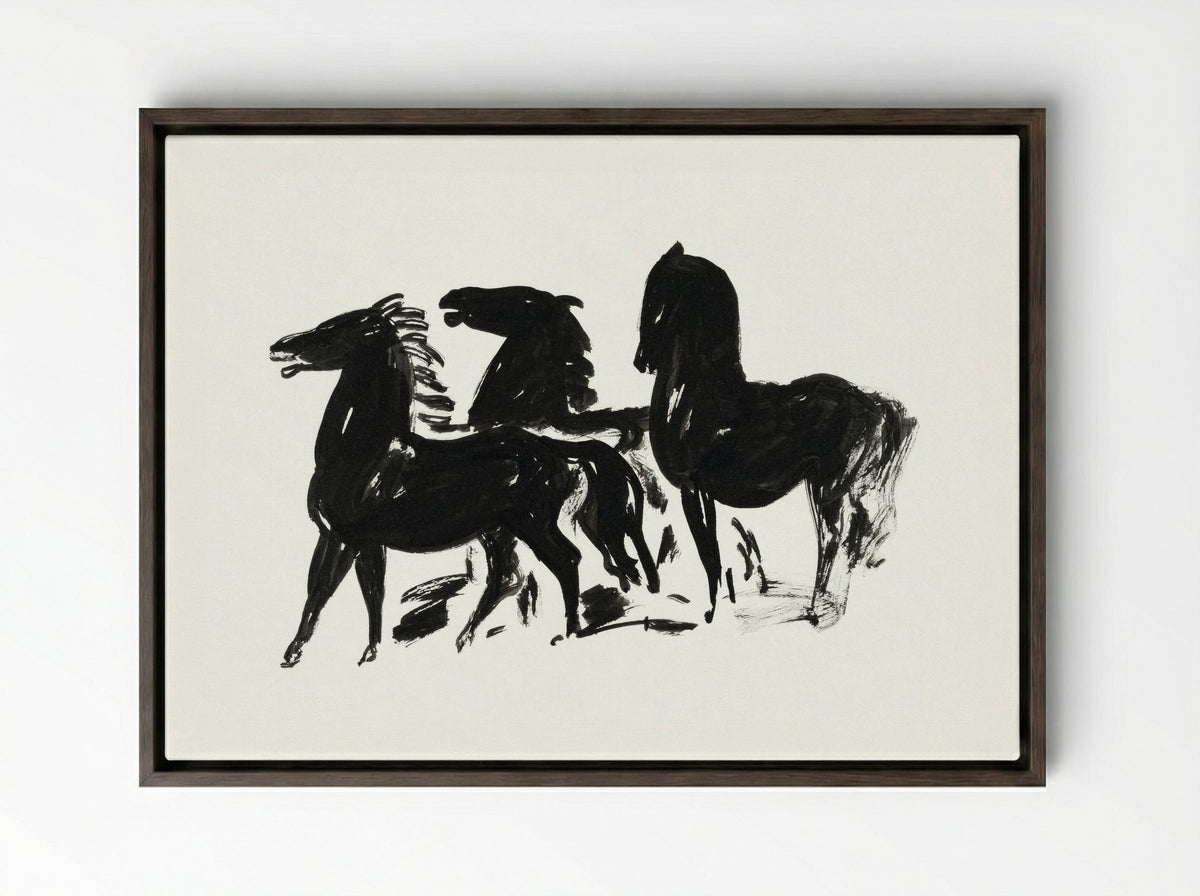 Three Black Horses Standing, Facing Left - Leo Gestel - Framed Canvas Dark Wood