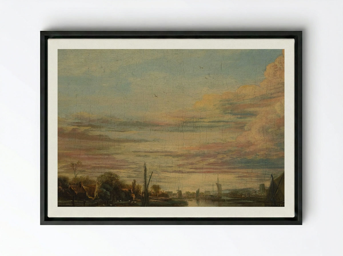 Landscape at Sunset - Aert van der Neer - Framed Canvas Black