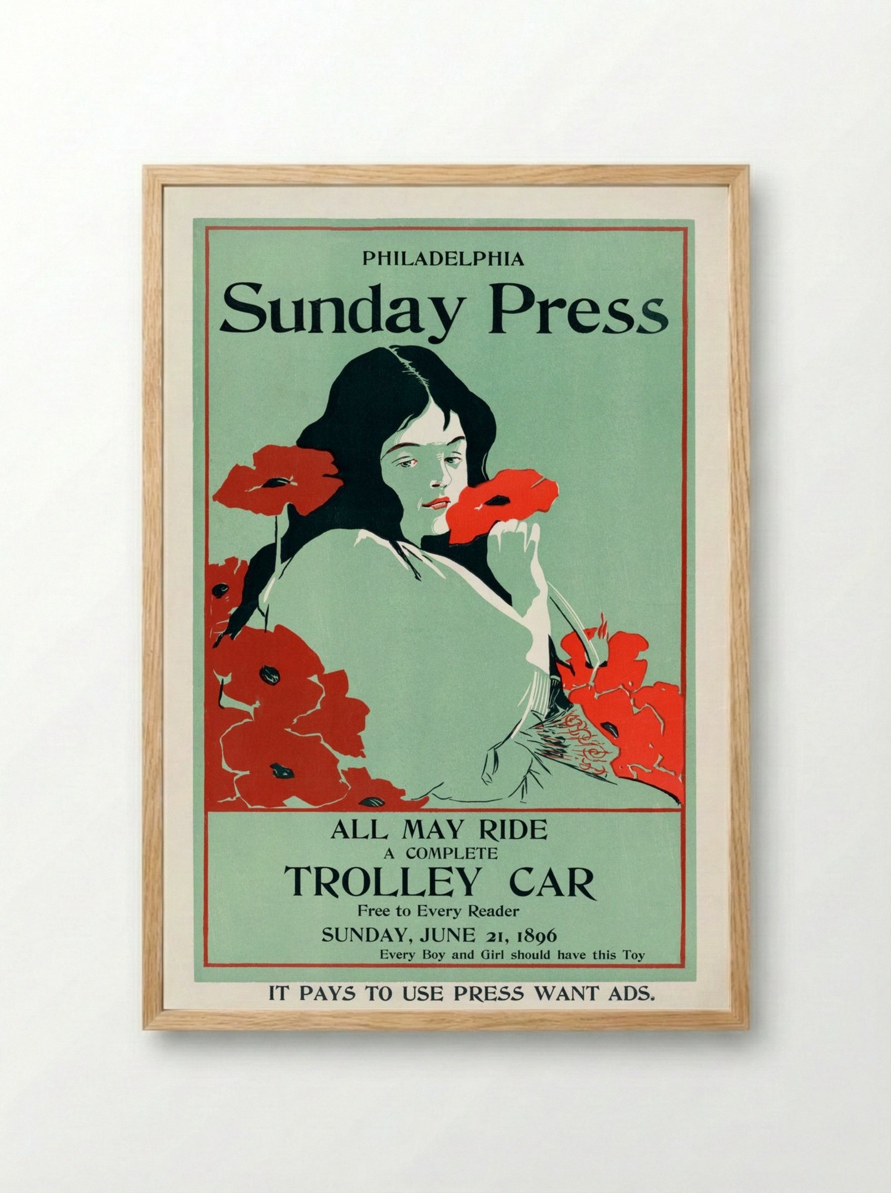 All May Ride: Philadelphia Sunday Press Trolley Car Advertisement - George Reiter Brill - Framed Print Wood