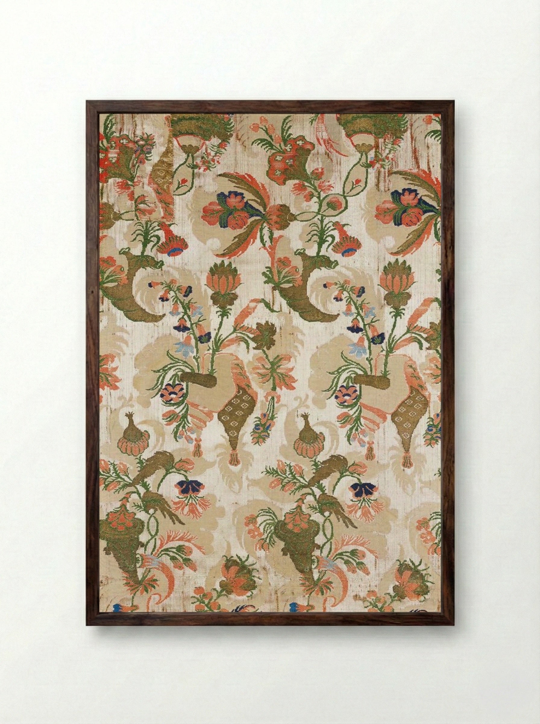 Panel (Floral and Bird Pattern, Textile Design) - Fine Art Print - Framed Print Dark Wood