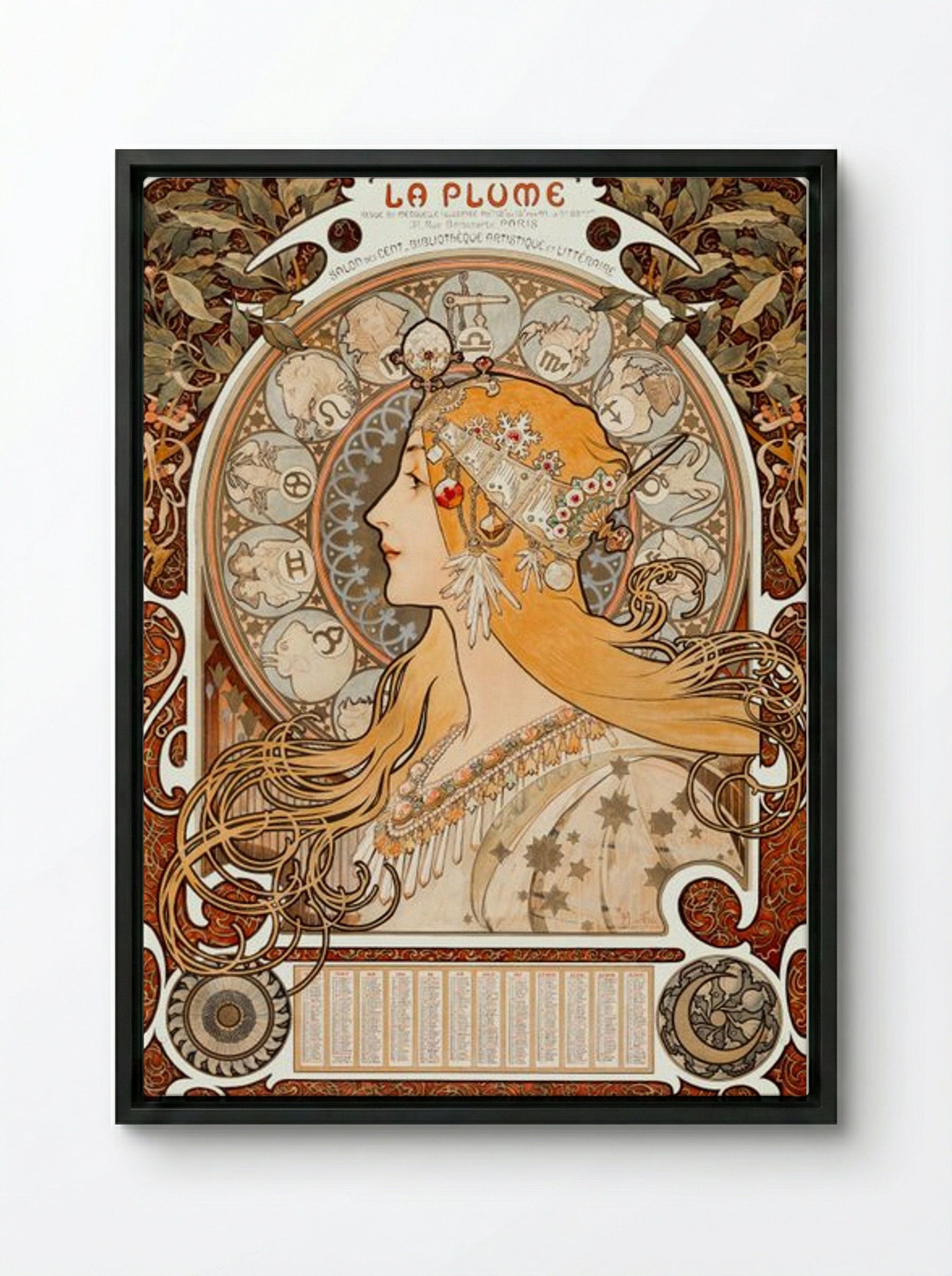 Zodiaque (La Plume) - Alphonse Mucha - Framed Canvas Black