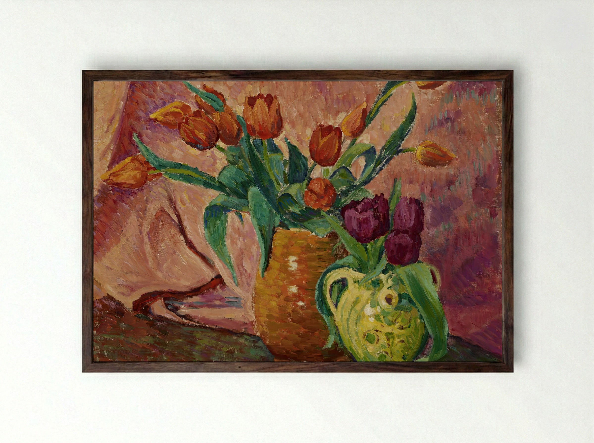 Two Vases with Tulips - Alfred William Finch - Framed Print Dark Wood