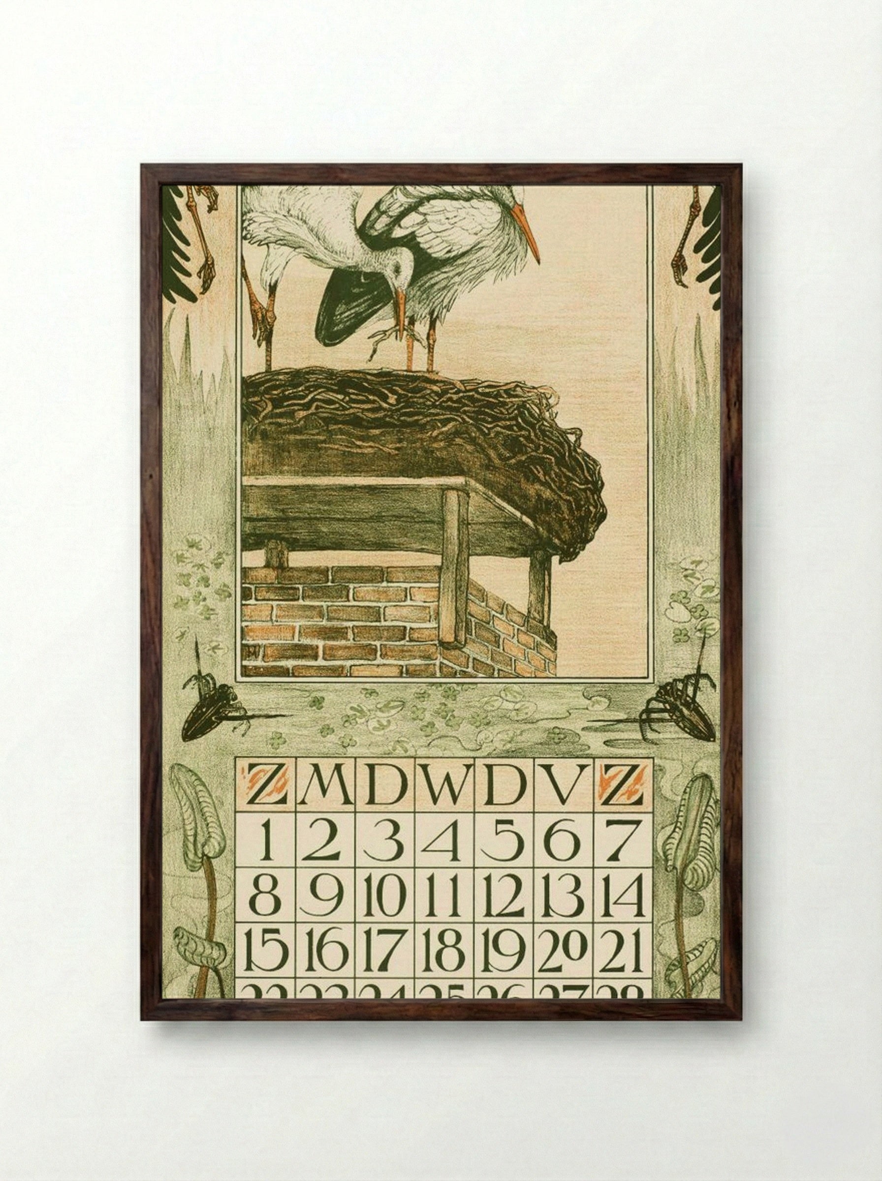 Kalenderblad Maart met Ooievaars - Theo van Hoytema - Framed Print Dark Wood