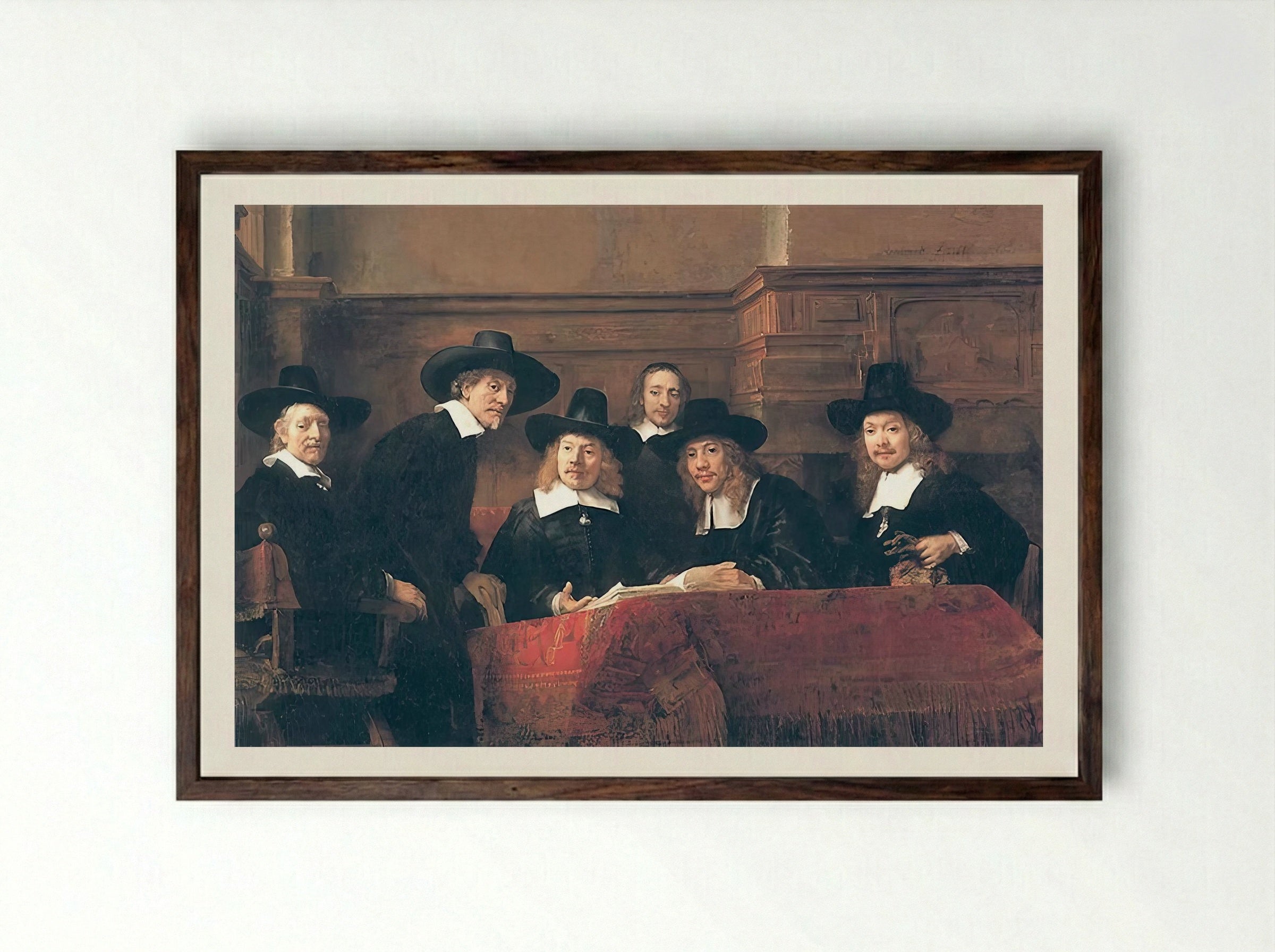 The Syndics of the Drapers' Guild - Rembrandt van Rijn - Framed Print Dark Wood